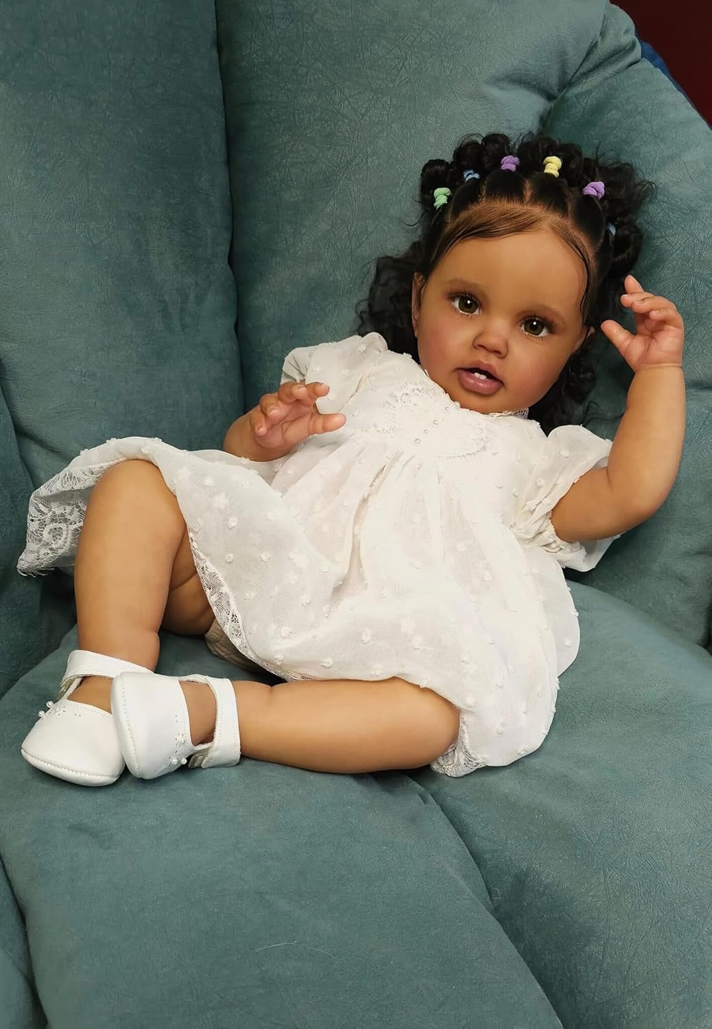 Wamdoll 24 Inch Realistic Baby Doll African American Reborn Dolls in White Lace Dress Lifelike Newborn Toddler Girl Doll with Cloth Body & Rooted Hair