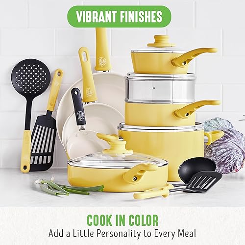 Miniatura 5 de GreenLife Soft Grip - Juego de utensilios de cocina antiadherentes de cerámica saludable de 18 piezas, ollas y sartenes para salsa, sin PFAS con