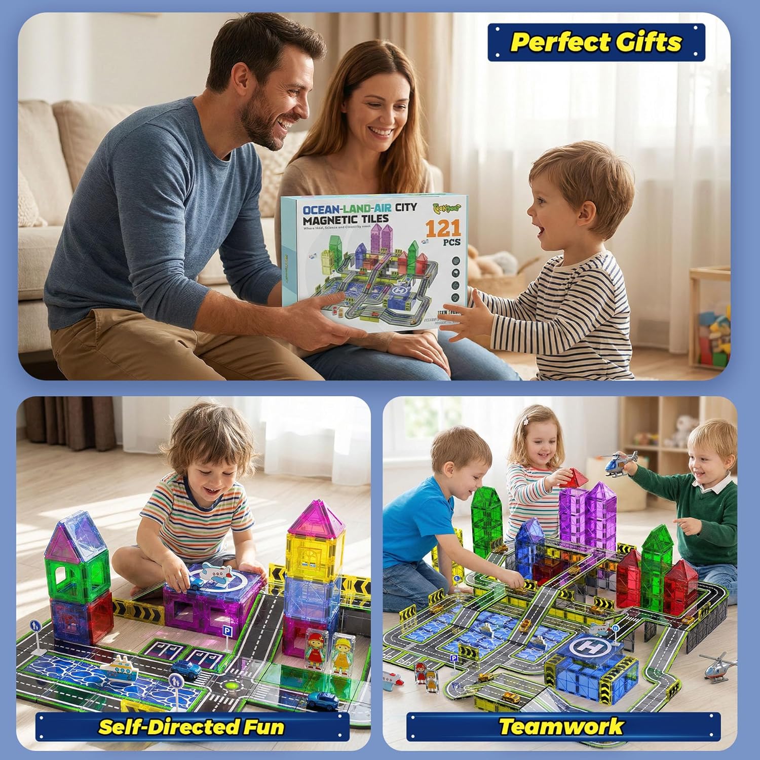 Magnetic Tiles,121PCS Magnet Tiles Road Set with Pullback Cars for 3+ year old Boys,Magnetic Toys for Kids Ages 4-8 with Ship,Airplane,Traffic Sign,STEM Classroom Educational Birthday Gifts Toys