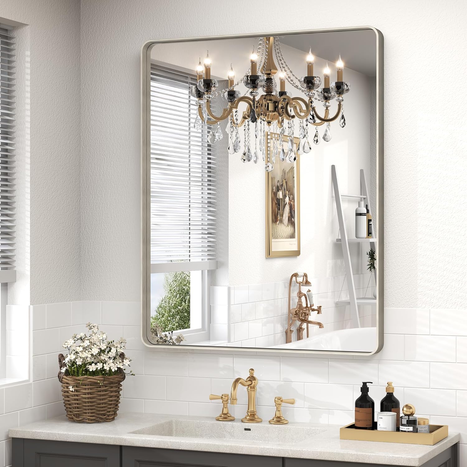 28x32 Silver Bathroom Mirror for Wall, Brushed Metal Framed Bathroom Vanity Mirror, Modern Rounded Corner Rectangle Mirror, Anti-Rust (Horizontal/Vertical) 32"L x 28"W Silver