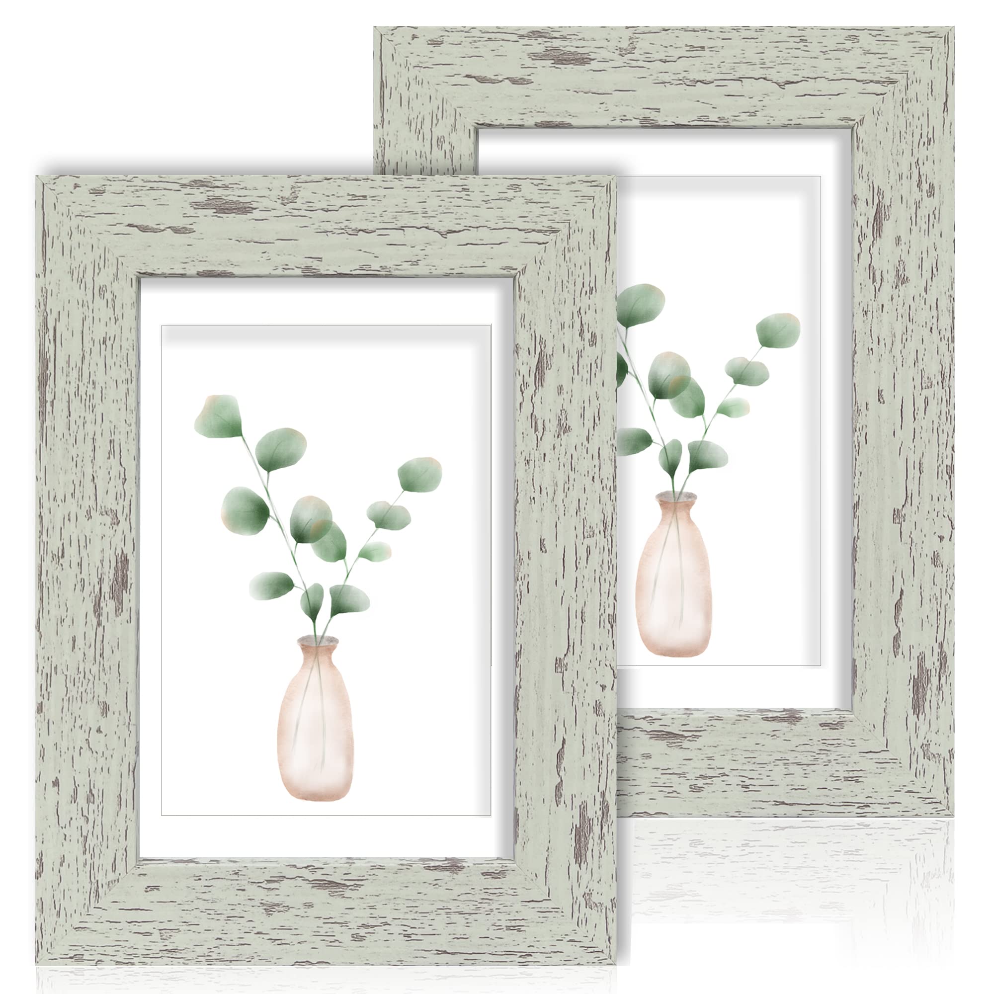 Hongkee 5x7 Picture Frame Set of 2, Made of Real Glass and Sage Green Wooden Frame - Display Pictures 4x6 with Mat or 5x7 Without Mat, 5 by 7 Photo Frame for Wall or Tabletop Display