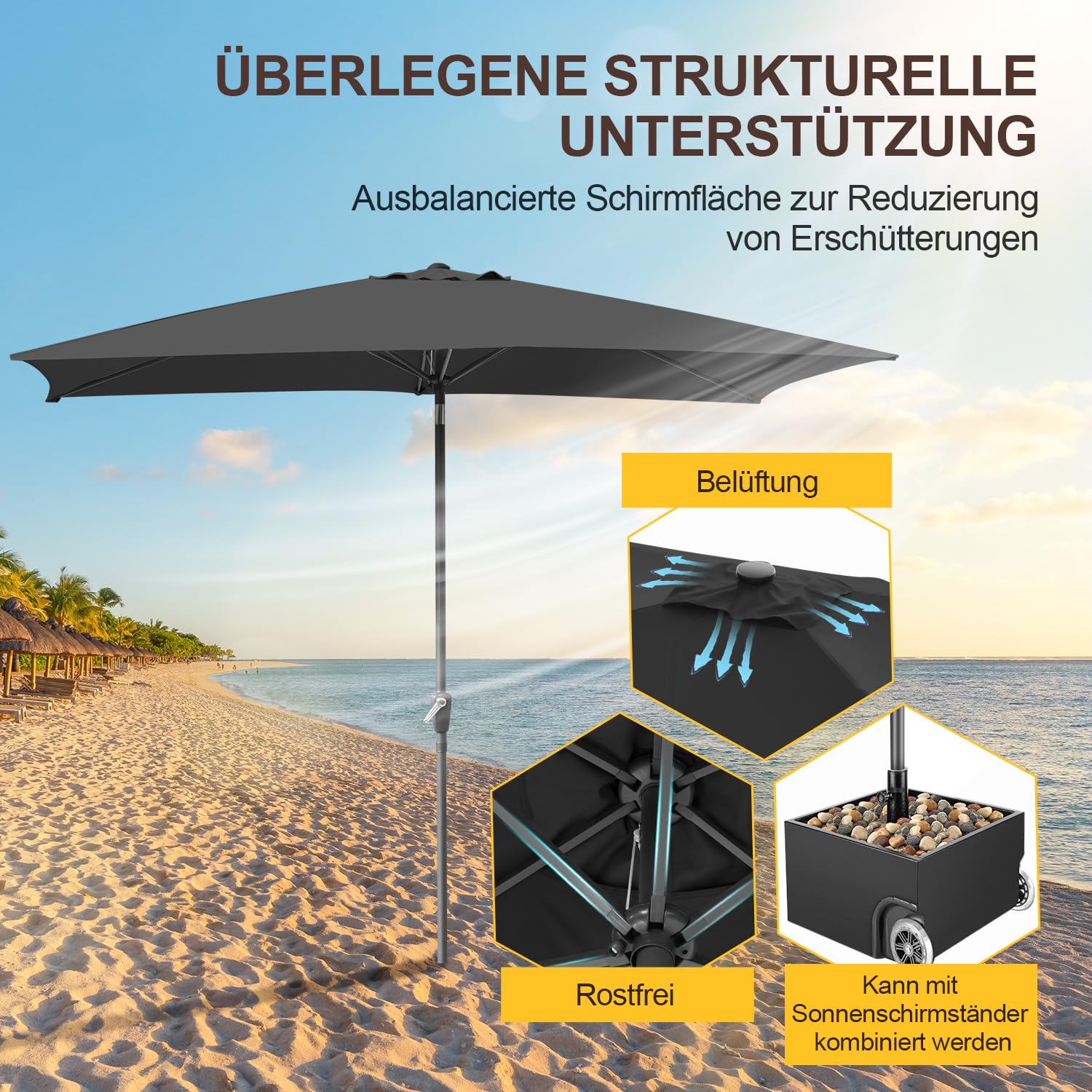Fiqops Parasol przeciwsłoneczny 210 x 140 / 300 x 200 cm z korbą, prostokątny, ochrona przed słońcem, UV50+, składany, wodoszczelny, do ogrodu, na taras, bez stojaka, Szary bez LED, 210 x 140cm