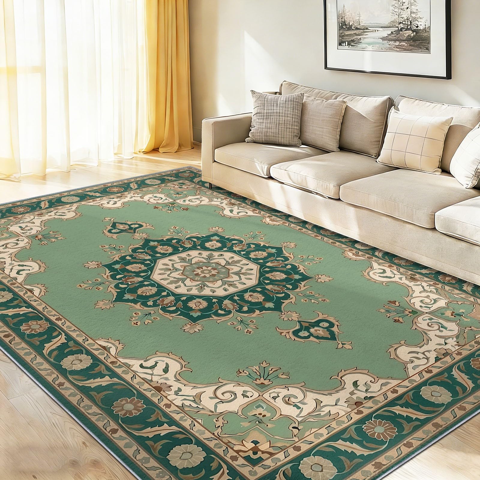 Persisch Vintage Achteckige Geometrie Schnörkelornament Waschbarer Schlafzimmer Teppich 120 x 170 cm - abwaschbar rutschfest Weich - Teppich für Wohnzimmer Esszimmer Büro Kinderzimmer