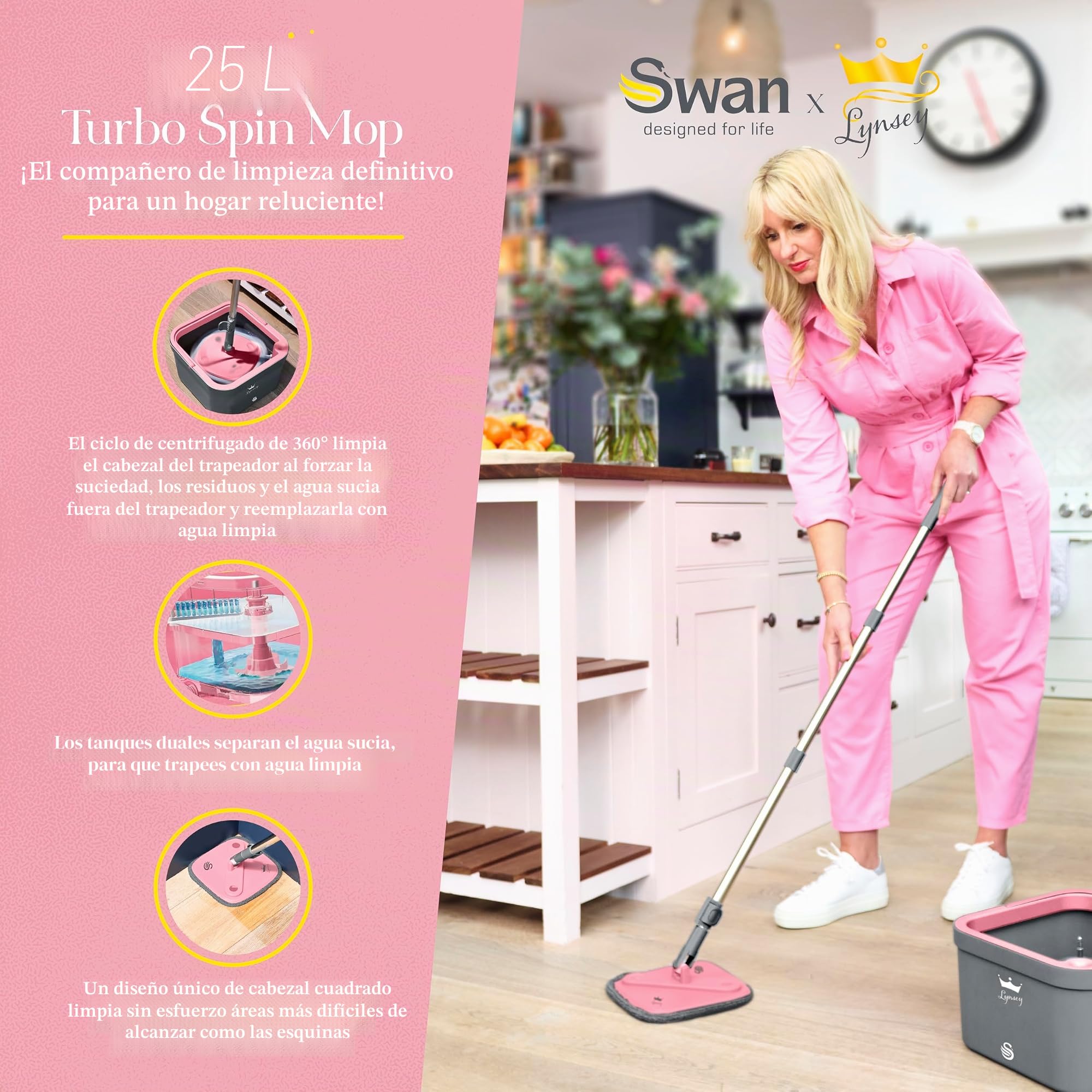 Swan Lynsey SWFC1002QOCN - Mopa giratoria turbo con ciclo de centrifugado de 360°, dos depósitos de agua de 2,5 L, mango plegable, almohadilla de microfibra y cabezales lavables a máquina, rosa y gris