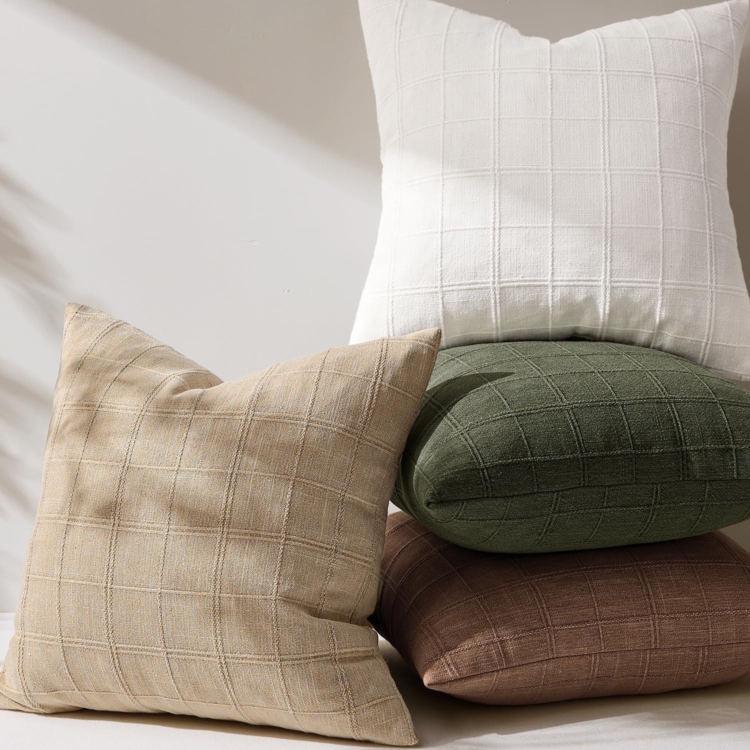 Woaboy Linen Check Throw Pillow Covers Set of 2 - Light Brown Farmhouse Modern Boho Vintage Decorative Cushion Covers for Sofa Couch Bedroom Living Room Decor 18x18 Inch - Image 5