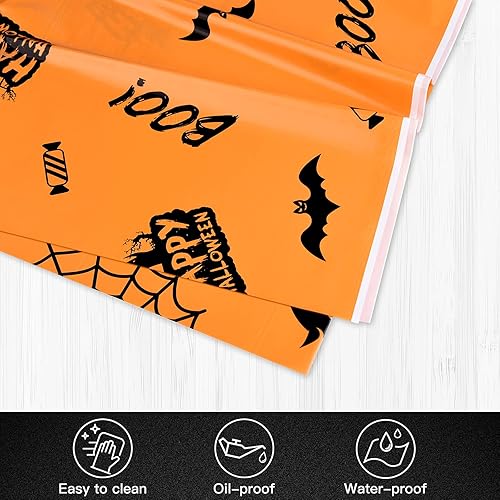 Miniatura 3 de ELECLAND 4 manteles de Halloween naranja de 54 x 108 pulgadas, mantel rectangular de plástico de fantasma, para interiores y exteriores, fiesta de