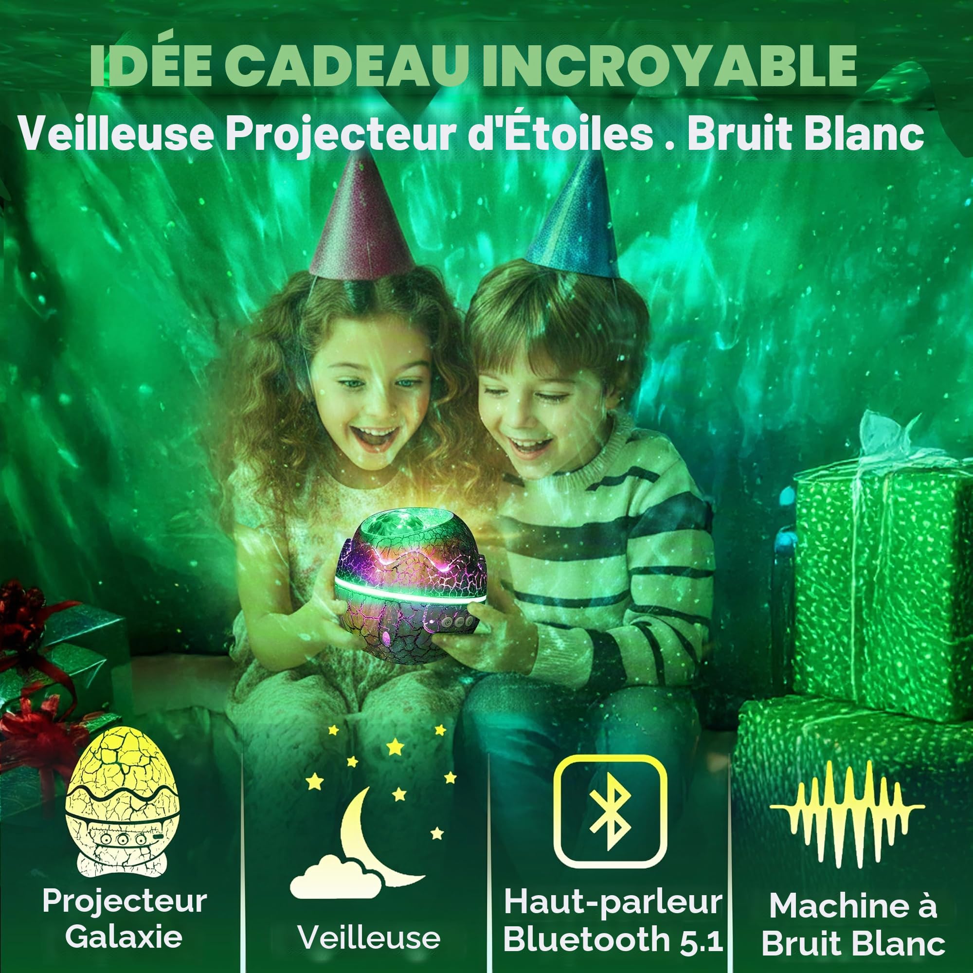 Projecteur d'étoiles Galaxie Œuf de Dinosaure : veilleuse sensorielle avec machine à bruit blanc, Bluetooth et minuterie, lampe à lave, lumières LED pour chambre à coucher, projecteur de plafond
