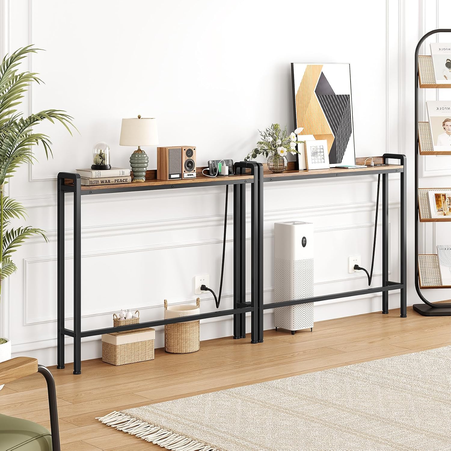 Kitstorack 2-Pack Rustic Brown Narrow Console Table Behind Sofa Couch, Elevated Rear Fence & Built-in Power Outlets, Includes 4.9' Power Cord, 5.9" D x 79" L x 33.3" H