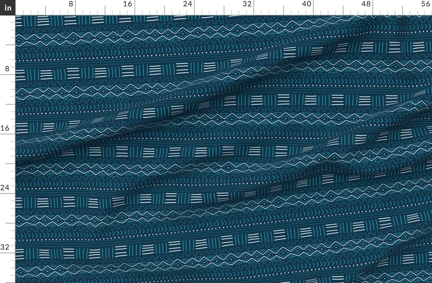 Spoonflower Fabric - Mudcloth Teal African Blue Mud Cloth Boho Line Pattern Geometric Printed on Organic Cotton Sateen Fabric by The Yard - Sewing Quilting Apparel Home Decor