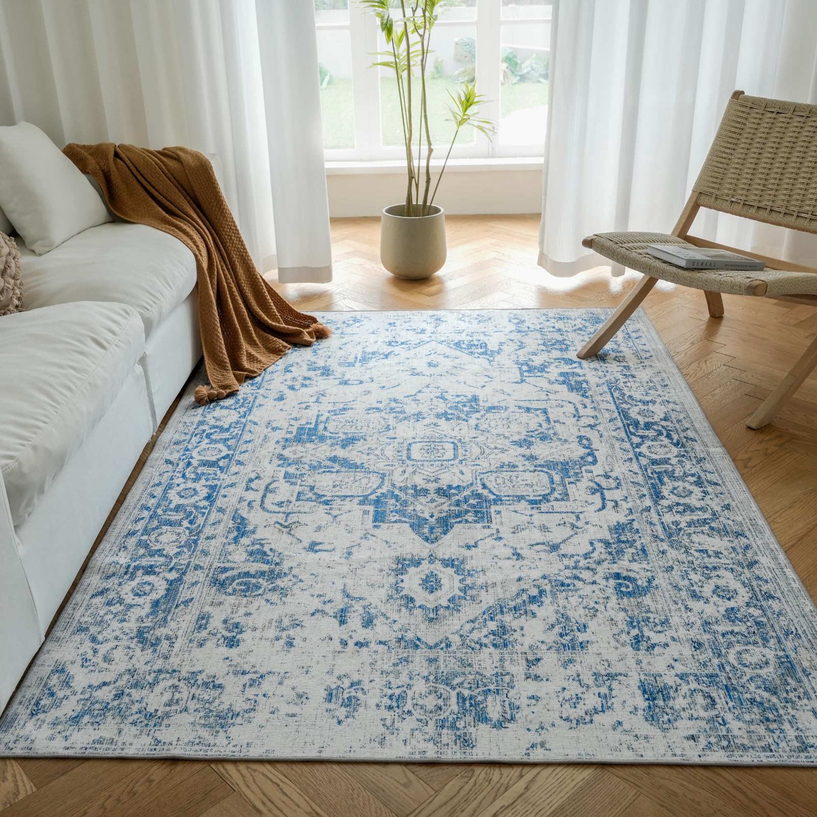 VIPBED 5x7 Area Rug, Washable Rug for Living Room Entryway Bedroom Kitchen, Vintage Medallion Rug with Non-Slip Backing, Ultra-Thin Low Pile Boho Farmhouse Rug for Home Decor, Blue