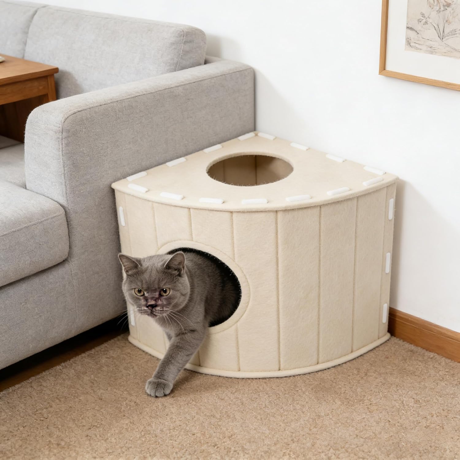 Felt Cat House Gray, Space-Saving Closed Fan-Shaped Corner Design for Wall Corners & Sofa Nooks, with Self-Adhesive Cat Scratching Pad, Warm Cozy Cat Hideaway for Indoor Kittens & Adult Cats (Beige)