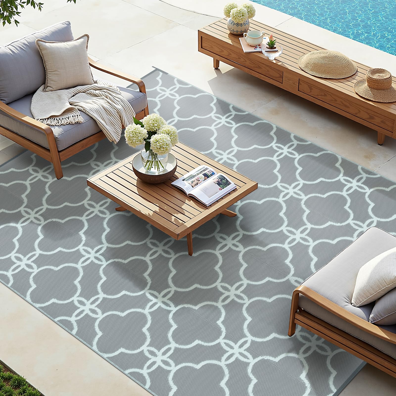 Ashler Outdoor Rug, Outdoor Plastic Straw Rug, 5x8 Reversible Pale Blue Patio Mat, Flower Modern Design for RV, Backyard, Deck, Camping, Picnic, Spring, Durable & Weather-Resistant Large Area Rug