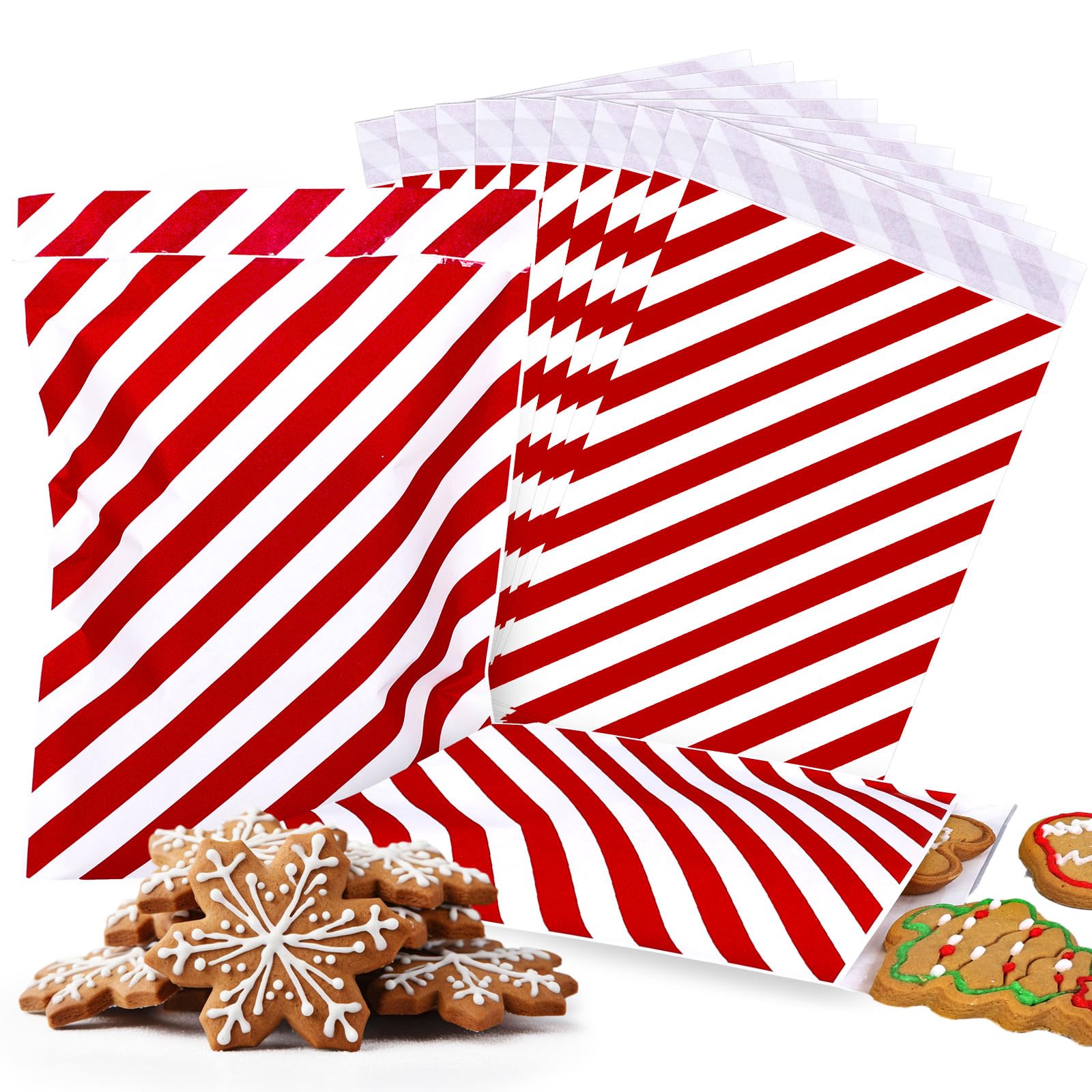 Whaline 100pcs Christmas Treatment Bags Self Adhesive Red White Stripe Prints Goodie Snack Gift Bags Vintage Christmas Valentine's Day Buffet Paper Bags Favour for Holiday Party-image-7