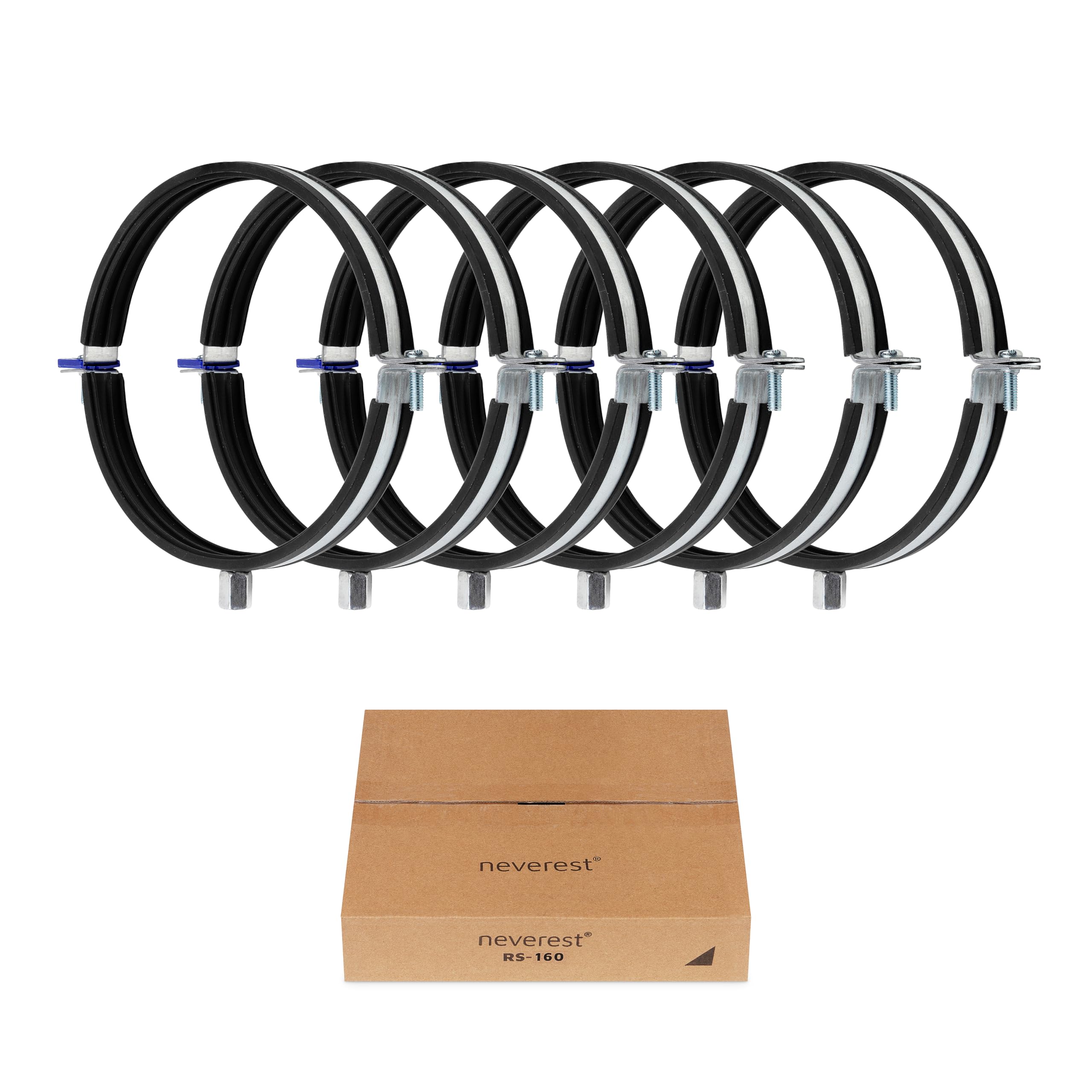 neverest® RS Rohrschellen 160mm (6 Stk) – Fallrohrschelle aus verzinktem Stahl mit EPDM Gummidichtung – Kombigewinde M8/M10 – Rohrhalterung für Lüftung, Abwasser & Regenrohr