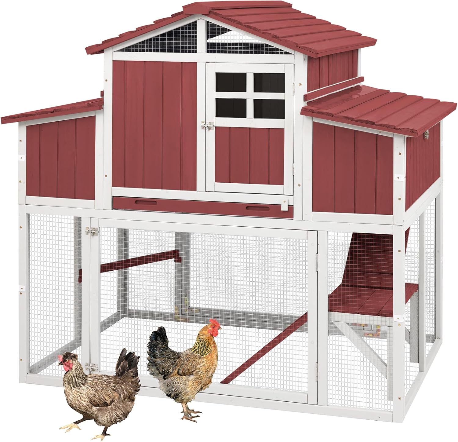 Gowoodhut 56.03" L 2-Story Chicken Coop with Run,Fir Wood Chicken House Hen House with 2 Large Nesting Boxes,Expandable Poultry Cage for 2-4 Chicken with 4 Perching Bars,Pull-Out Tray,Ramps,RED