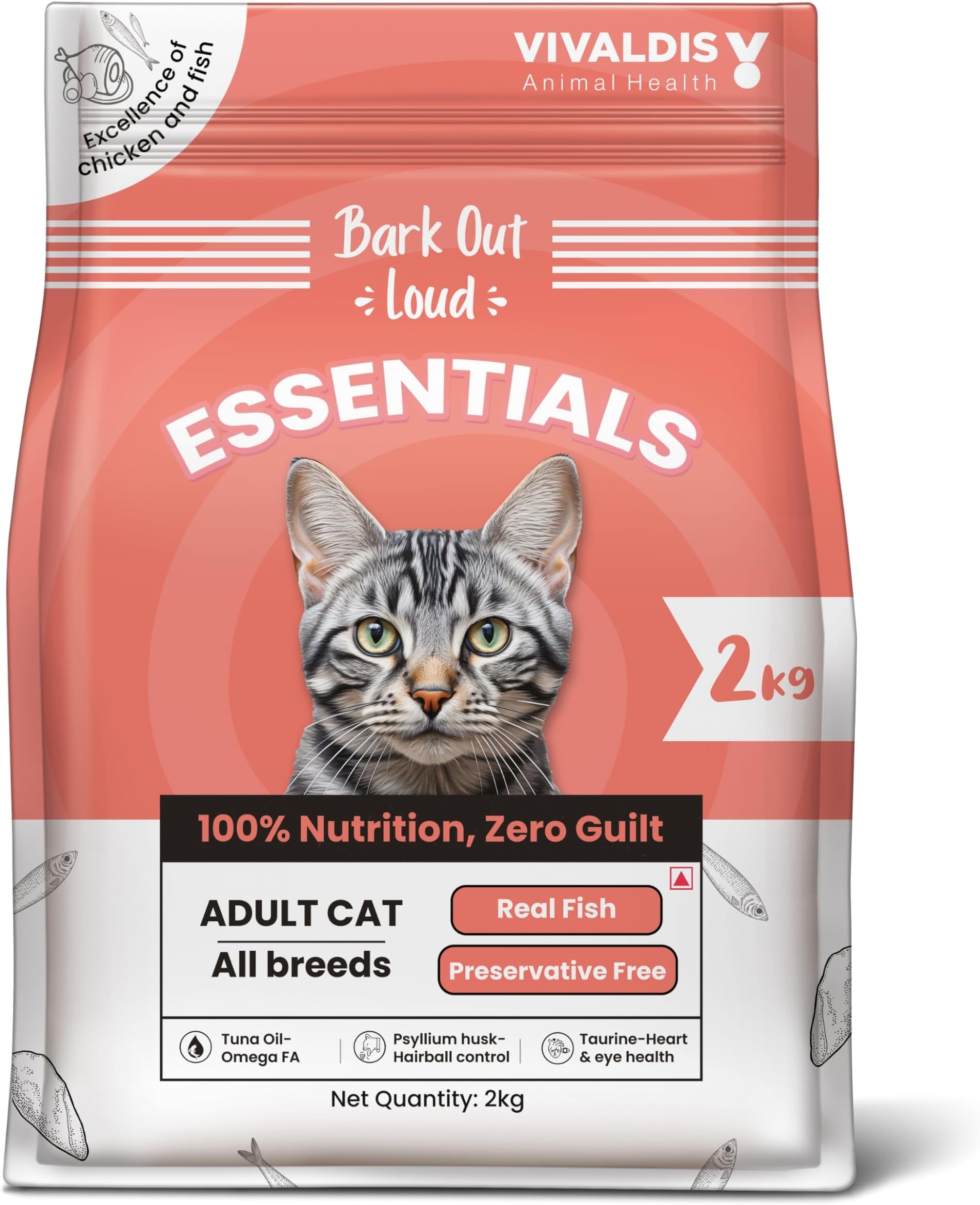 – Essentials Adult Dry Cat Food, Tailored Nutrition with Fish &Chicken, Kibbles Prebiotics, Hairball Control, Tuna Oil (2kg)