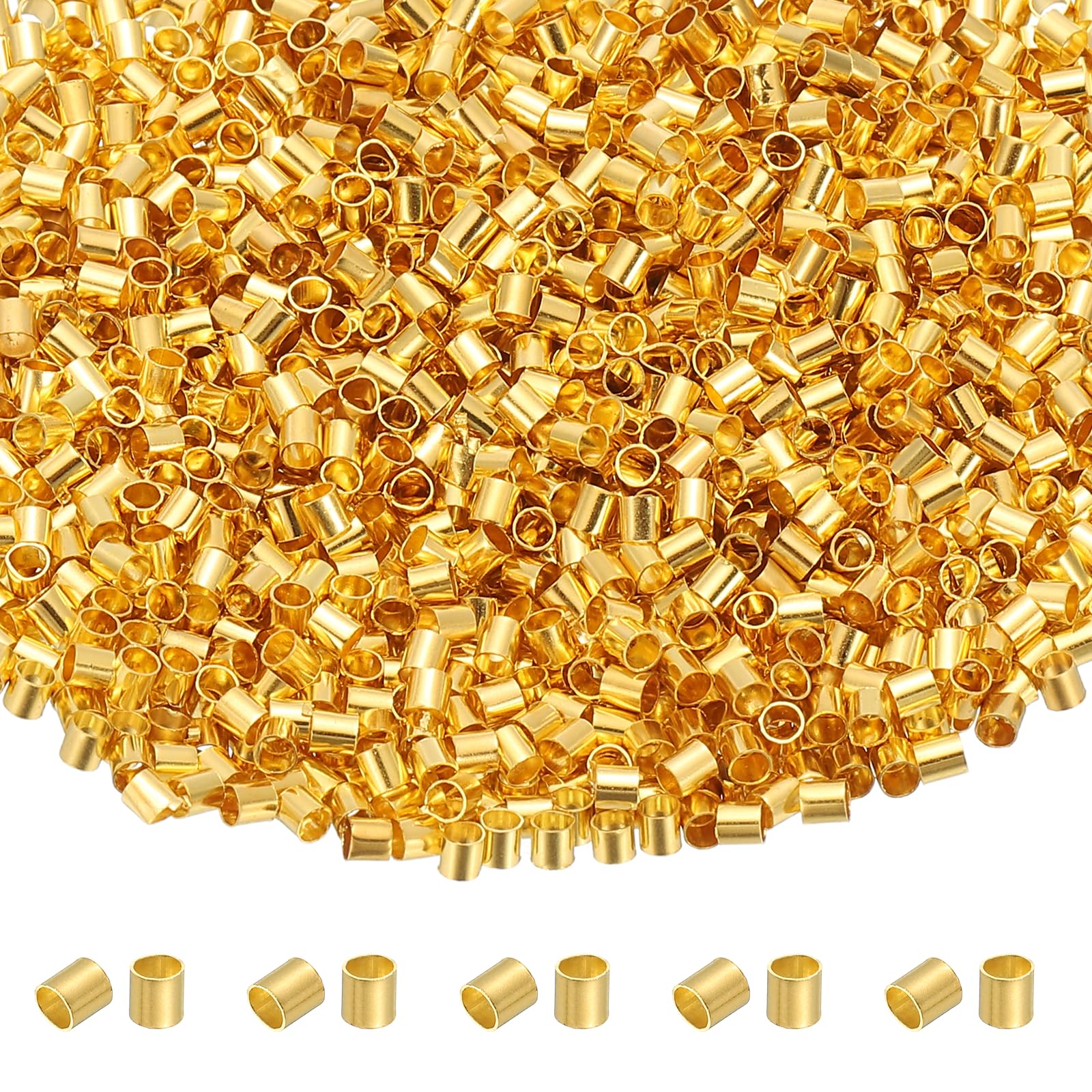 sourcing map 2000 Pcs Tube Crimp Beads, 2x2mm Copper Crimp Beads End Stopper Bead Tiny Loose Spacer Bead for Earrings Necklaces Bracelets Pendant DIY Crafts, Gold — image 1