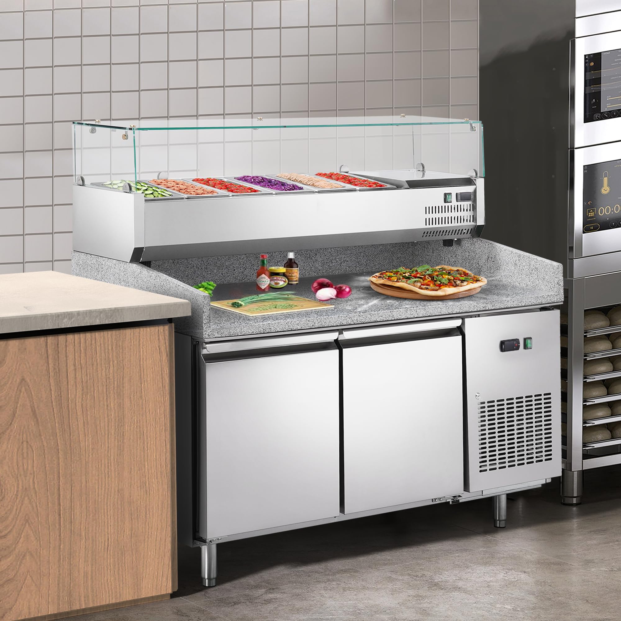 METRO Professional Mesa refrigerada para pizzas GPT2100, acero inoxidable, 200 W, 241 L, 2 puertas, compatible con GHS2150, plata