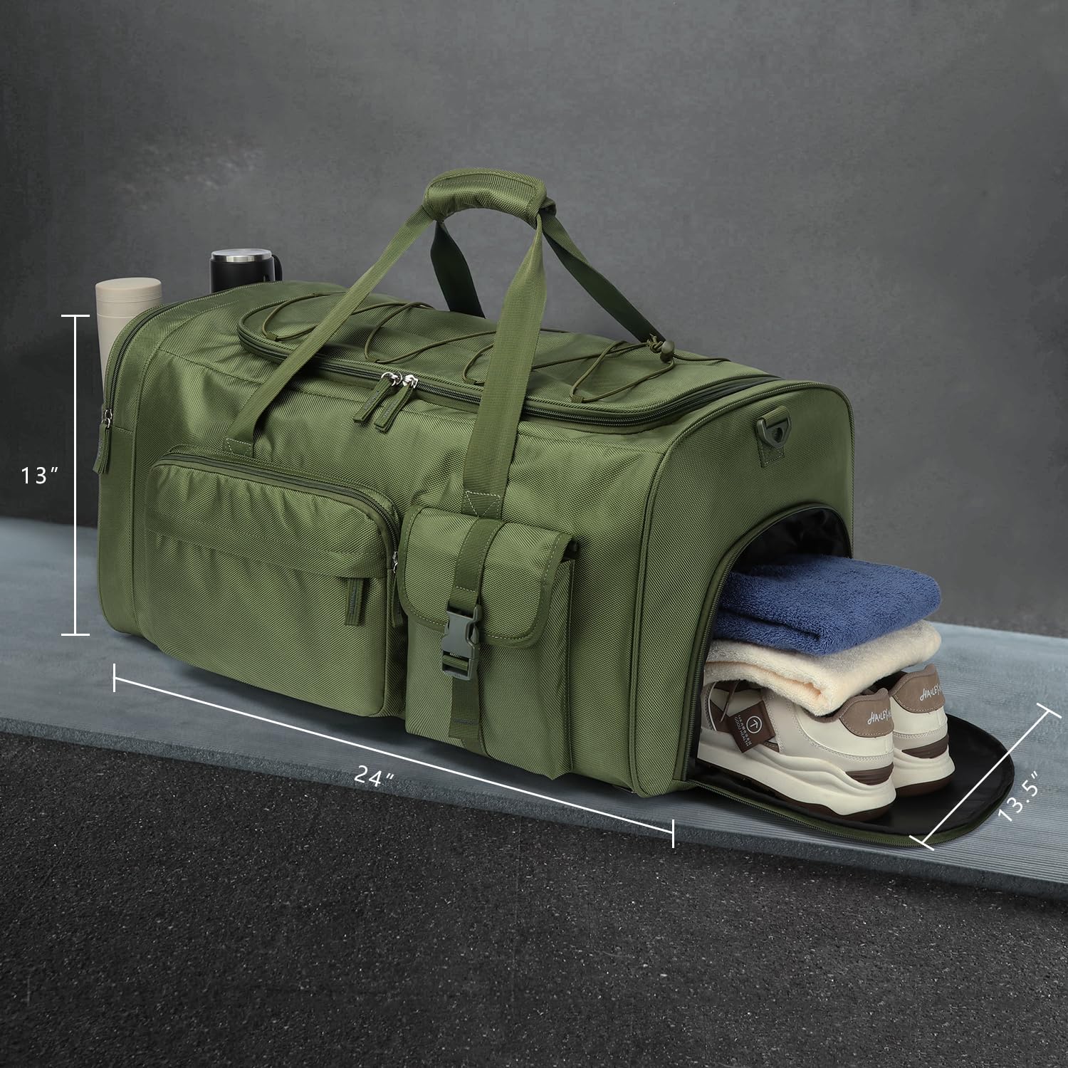 Mochila Deportiva para Hombre Mujer 70L Grande Pesada Mochilas de Viaje con Compartimento para Zapatos, verde, 61 x 34.3 x 33 cm