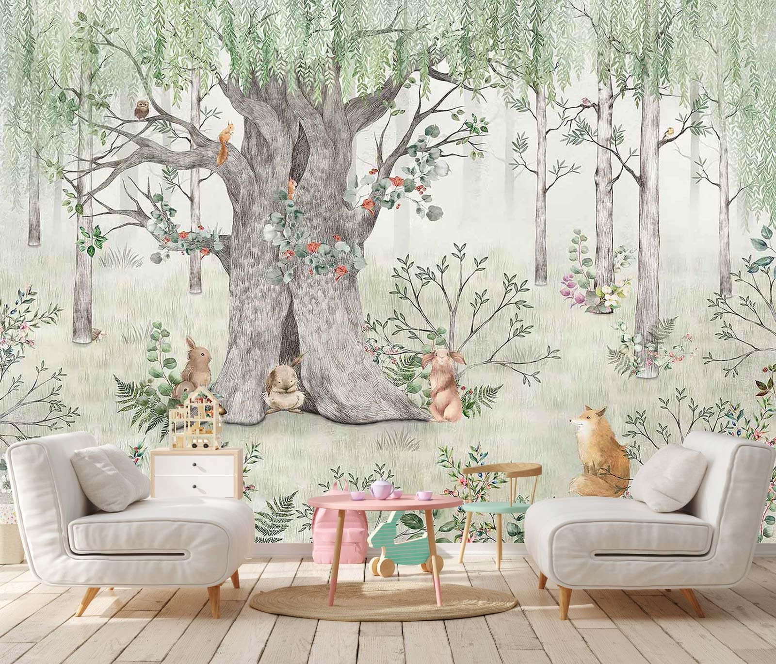 Photo 1 of [SIMILAR ITEM] Green Forest Wallpaper Fox Pine Mouse Big Tree Mural for Children's Room Living Room Bedroom (Not Self-Adhesive)