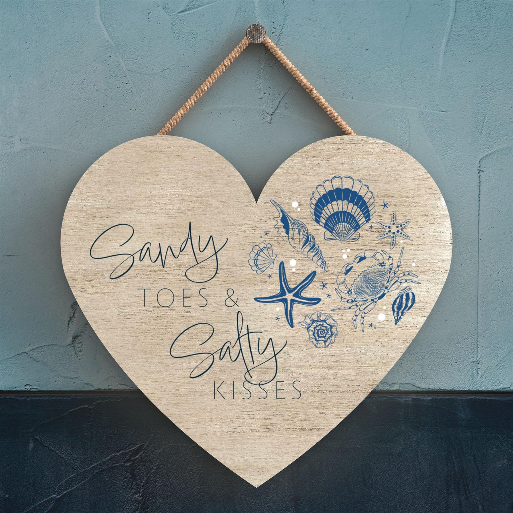 Global Designs Sandy Toes & Salty Kisses Coastal Blue Nautical Sign Wooden Hanging Plaque Heart