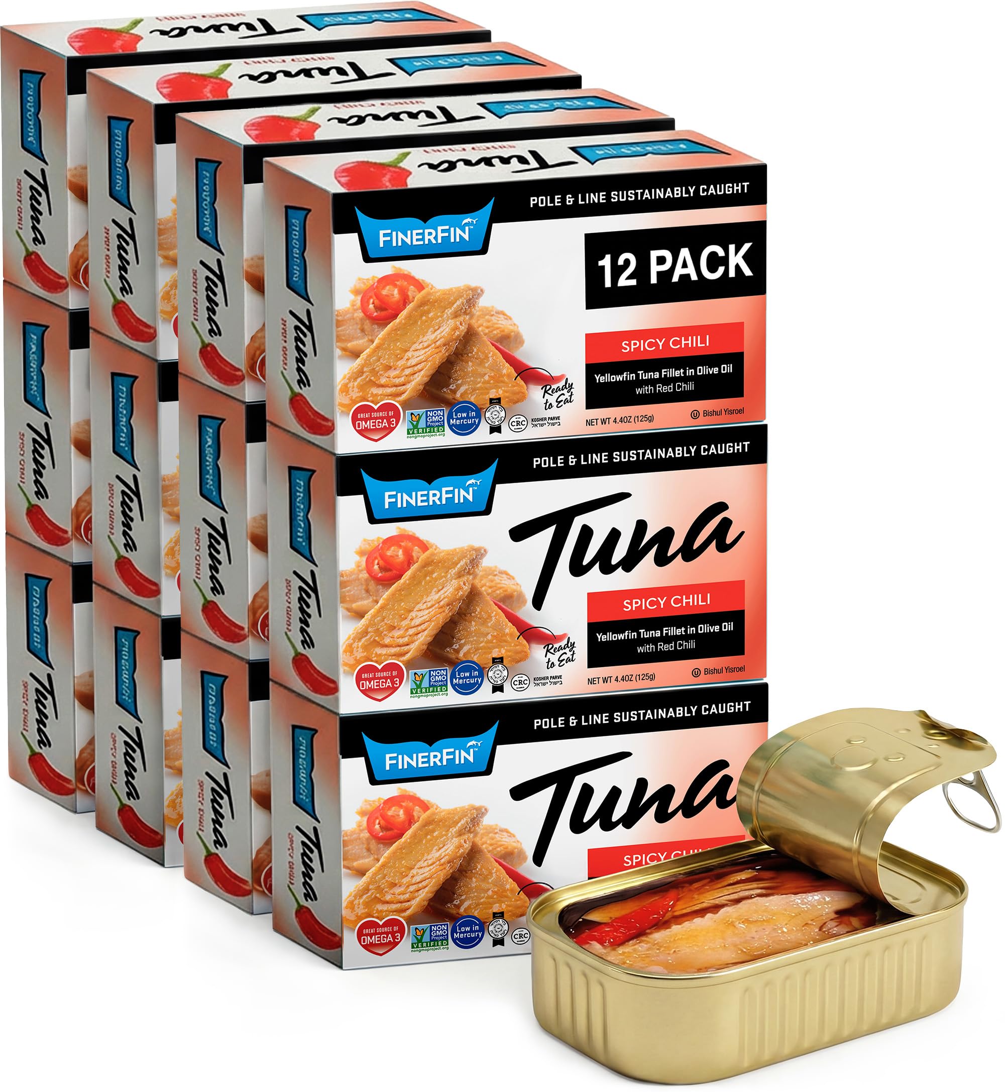 FinerFin Yellowfin Tuna Fillets in Organic Olive Oil | Spicy Chili Flavor | Premium Canned Tuna Fish with EVOO | Gourmet Ready-to-Eat Pole & Line Caught Fillets | 4.4oz can - 12 Pack