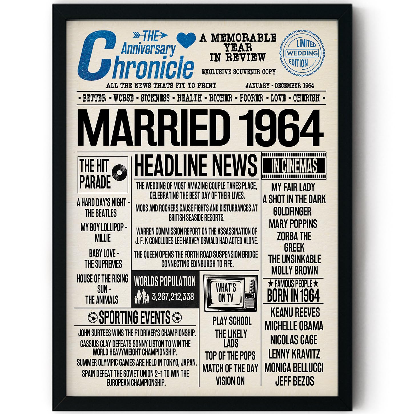 Stuff4 Men's 1964 62Nd Anniversary Poster Framed - Married In Newspaper - Happy 62Nd Wedding Anniversary For Wo Vintage Gifts Retro Back In 8X10 Inch Anniversaries Posters