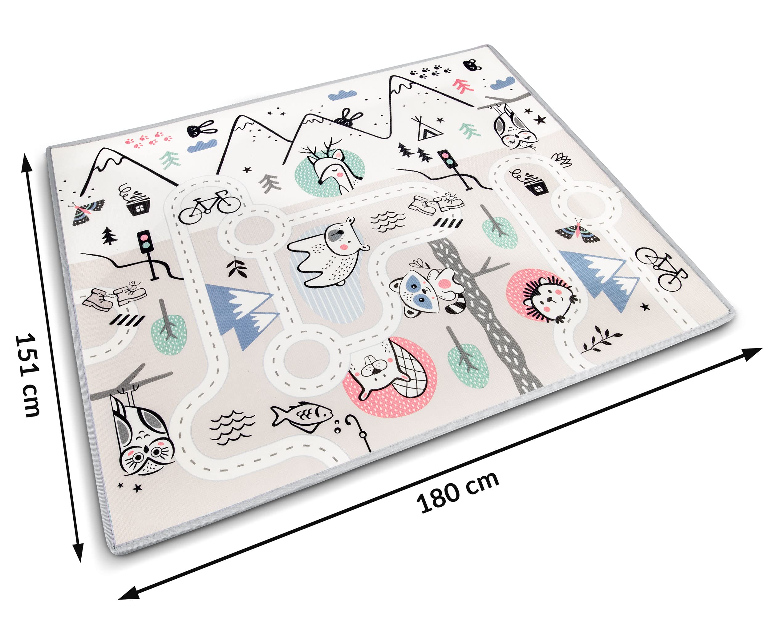 NUKIDO Mata Piankowa dla Dzieci Niemowląt Dwustronna Uroczy Kolorowy Design do Zabawy Raczkowania Idealna na Prezent Rolowana Grubość 1,5 cm Wielkość 180x150 cm Szara