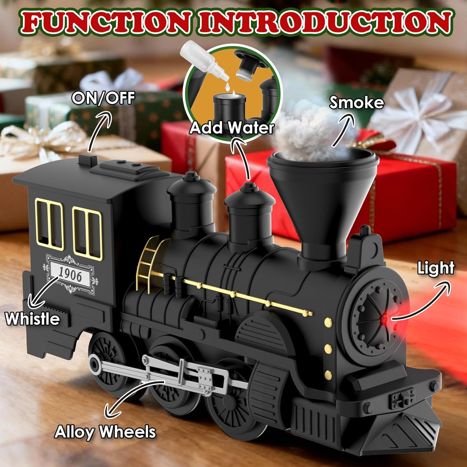 15-Piece christmas tree train Set with Smoke, Sound & Lights - Fancy Track & Vintage Passenger Carriages for Christmas, Steam Kids Train Set Around Christmas Tree for Kids Ages 3-8 Boys Gifts