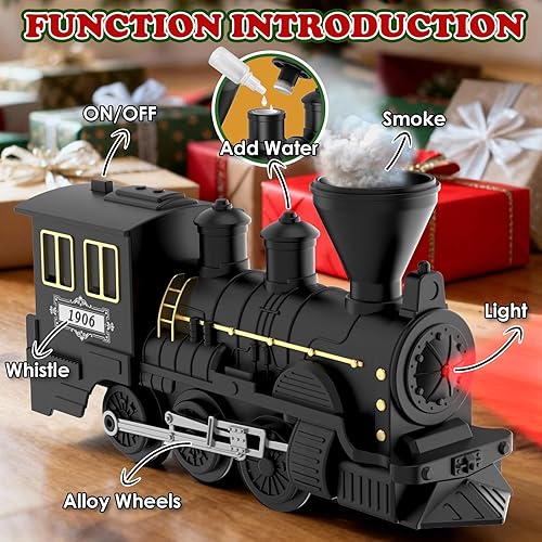 Miniatura 2 de Juego de tren de Navidad de 15 piezas con humo, sonido y luces, pista elegante y vagones de pasajeros vintage para Navidad, juego de tren de vapor