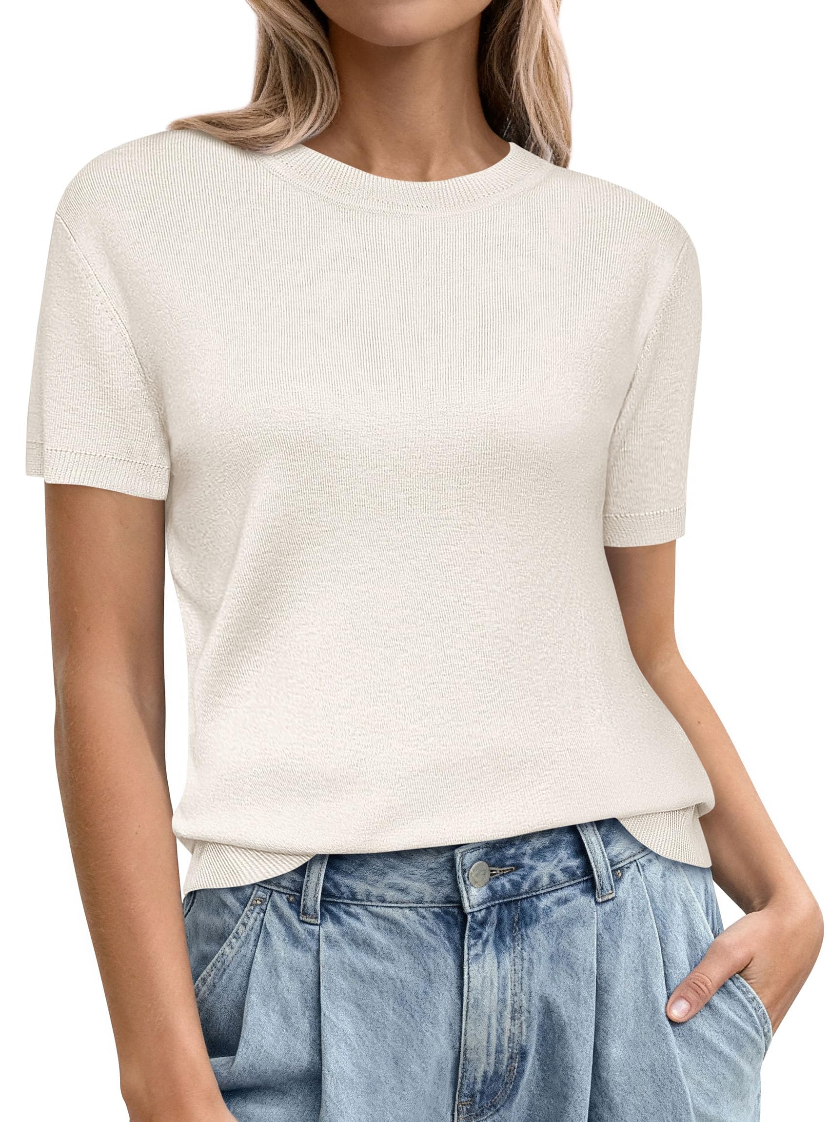 PRETTYGARDEN Womens Short Sleeve Sweaters 2026 Spring Crew Neck Knit Work Shirts Business Casual Tops Summer Fashion Clothes
