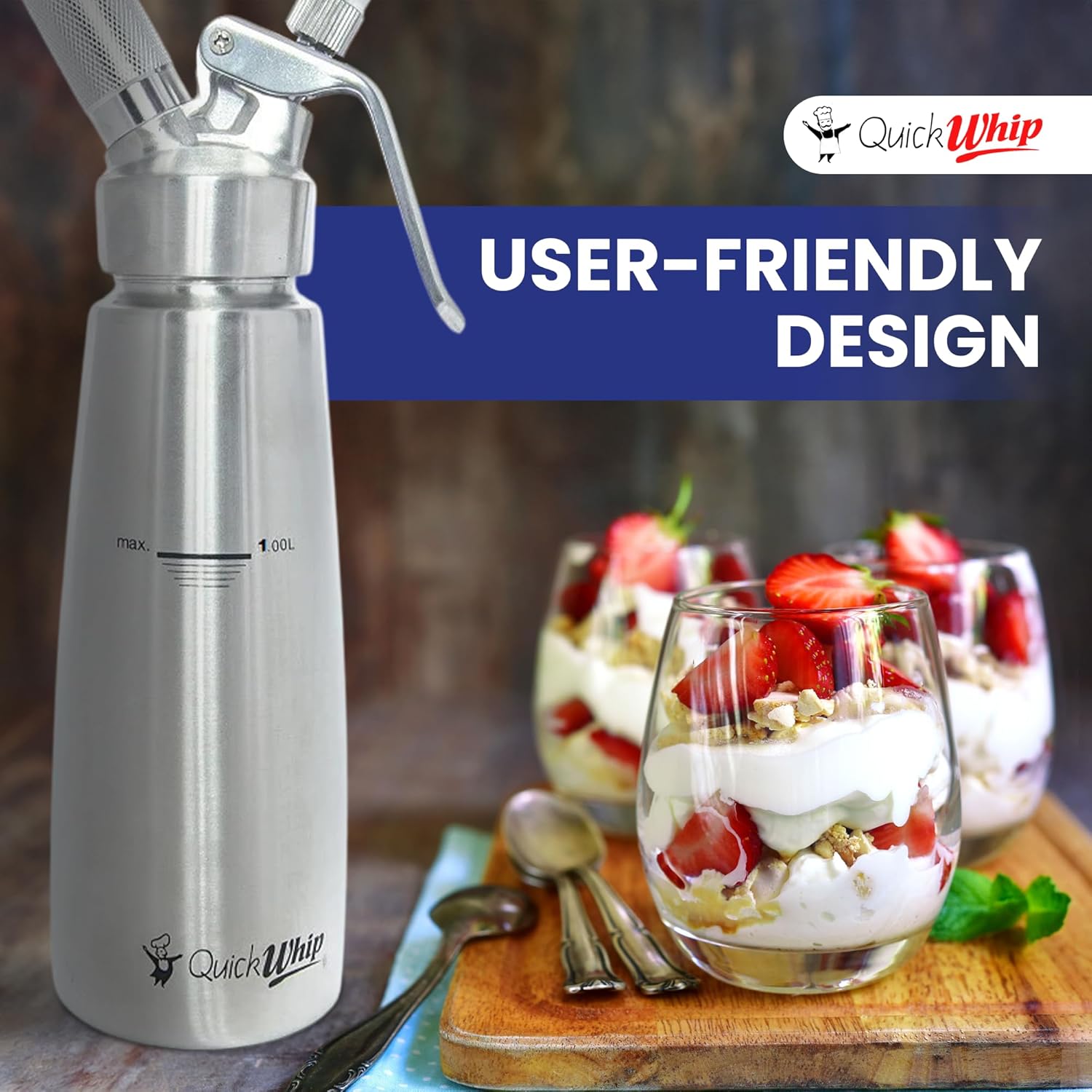 Stainless Steel Whipped Cream Dispenser, Professional Grade Whipper, Full Canister, with 3 Decorating Tip Nozzels, Ideal for Baking, Desserts, & Culinary Creations (1L)