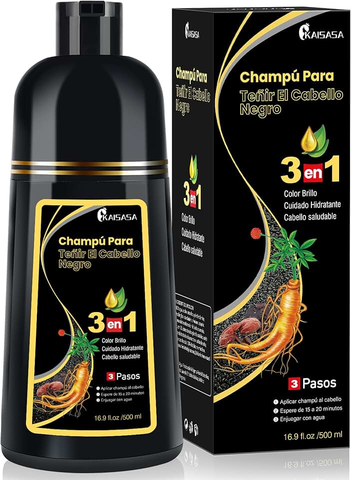 Shampoo Colorante KAISASA 3 em 1 para Cabelos Grisalhos, Preto, Efeito Semipermanente, com Óleo de Argan e Cúrcuma
