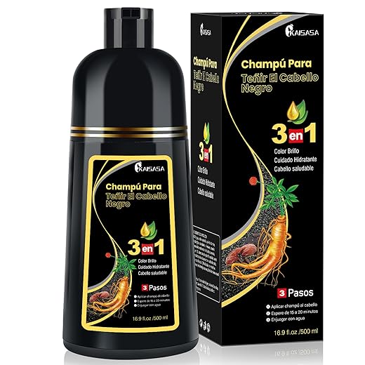 Shampoo Colorante KAISASA 3 em 1 para Cabelos Grisalhos, Preto, Efeito Semipermanente, com Óleo de Argan e Cúrcuma