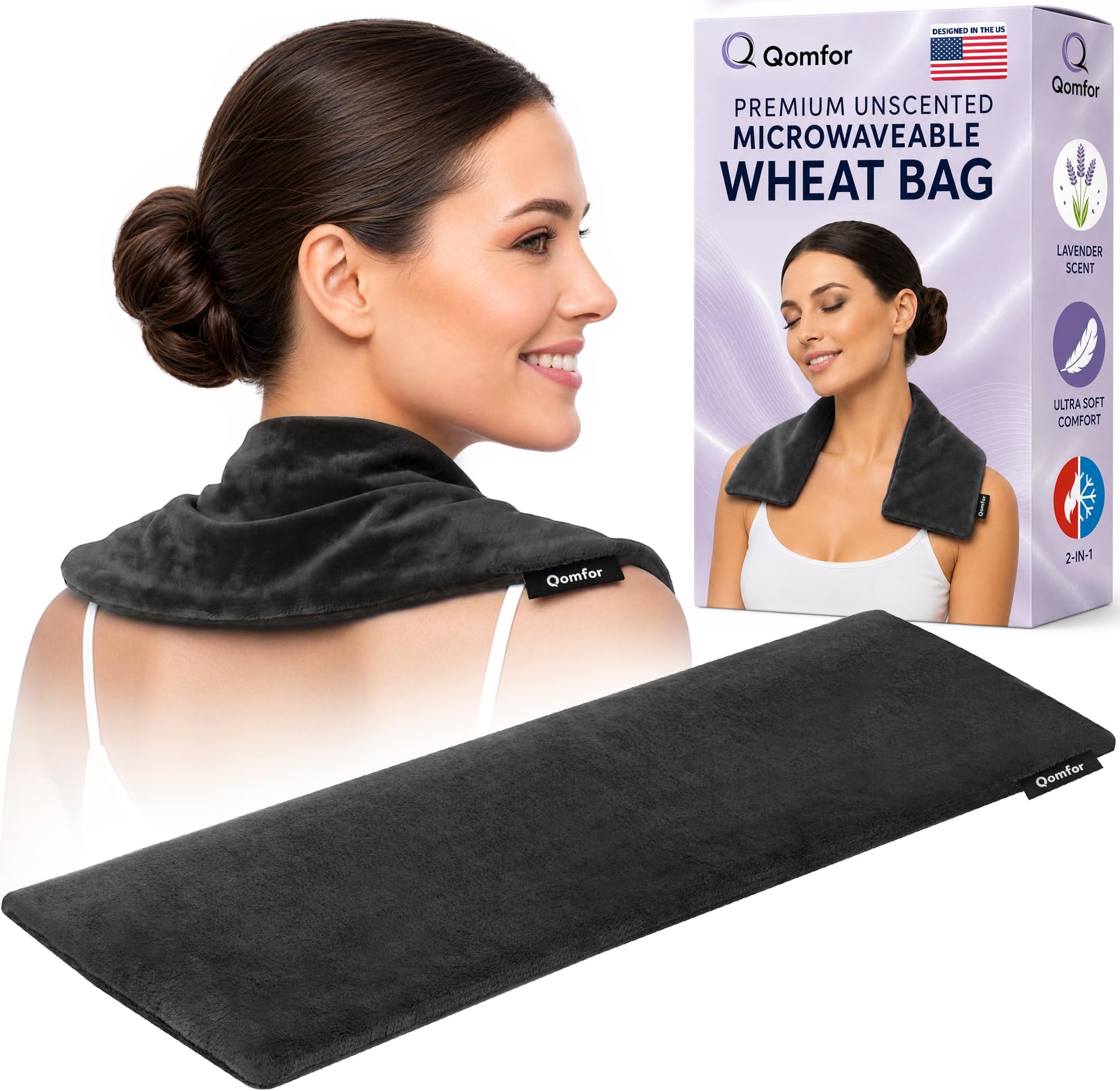 Qomfor Microwave Heating Pad - Large Heat Pack Microwavable - Heated Neck Wrap for Neck and Shoulders, Pain Relief - Reusable Lavender Heating Pad Microwavable - Black