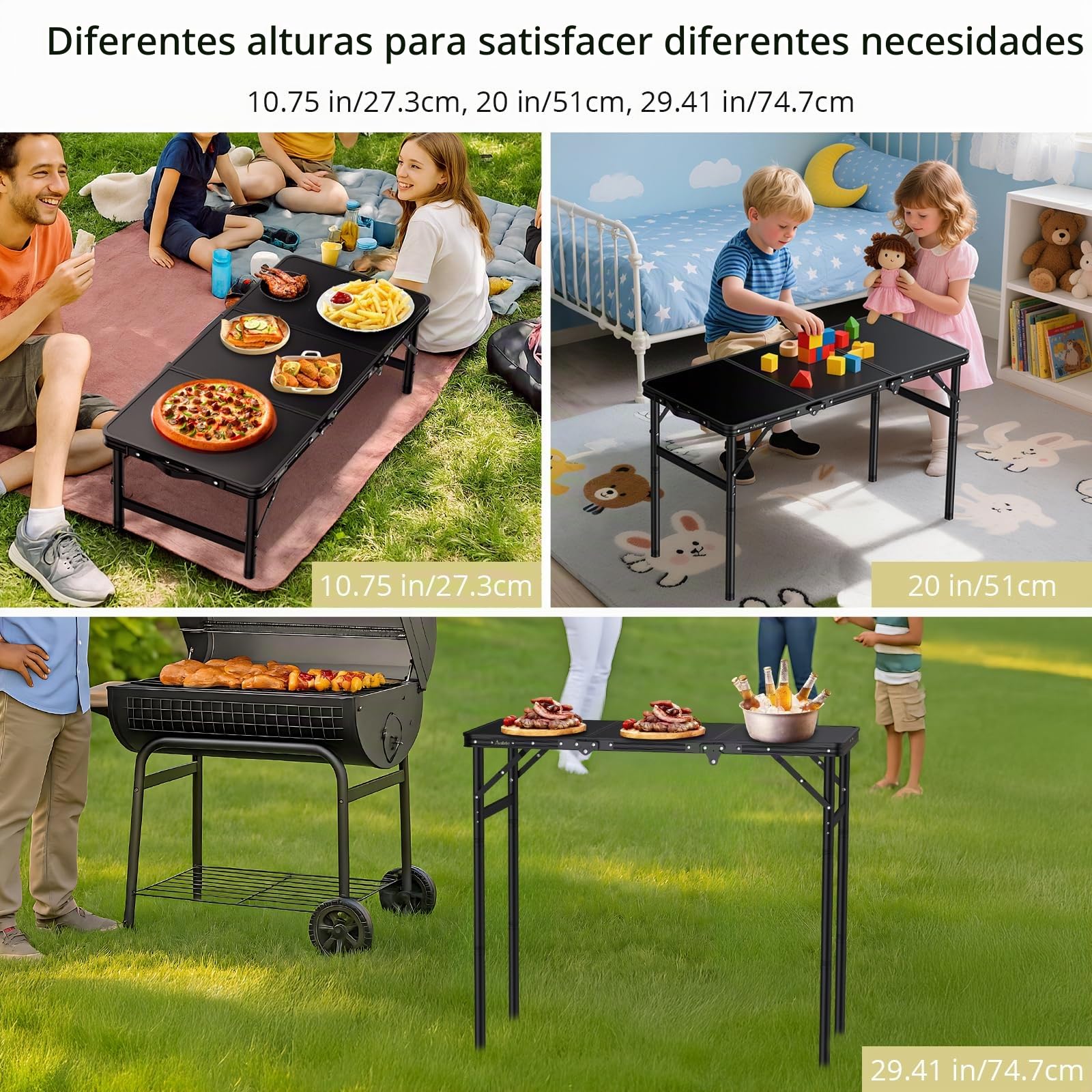 Anbte Mesa de Camping Plegable 90x40x27.3/51/74.7cm 3 Alturas Ajustables | Mesa de Acampada Portátil Aluminio Impermeable con Bolsa de Almacenamiento para Viajar al Aire Libre Playa Picnic Negro