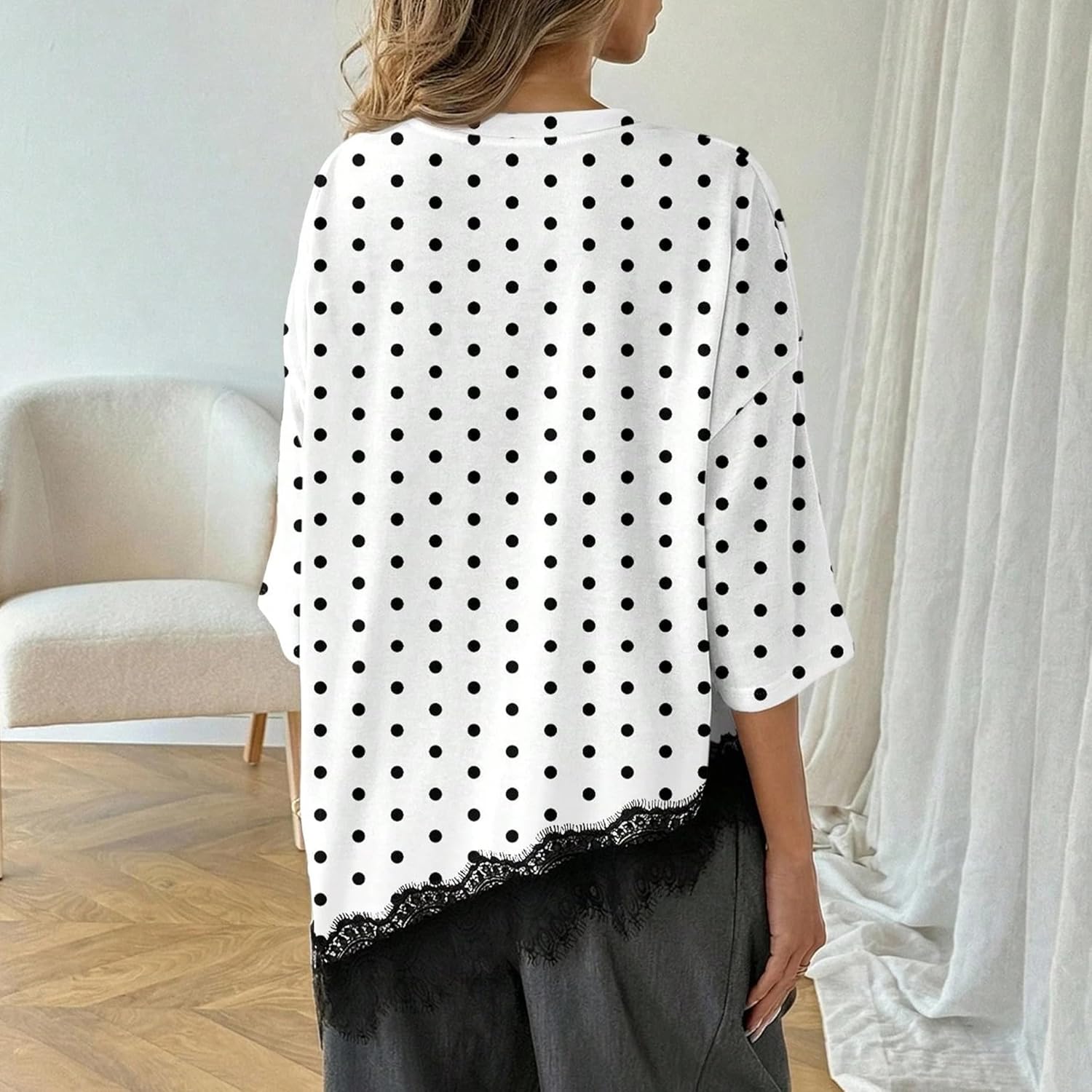 Womens Polka Dot Shirt Casual Crew Neck Asymmetric Lace Hem Tunic Top Summer Spring Vacation Beach Trendy Outfit