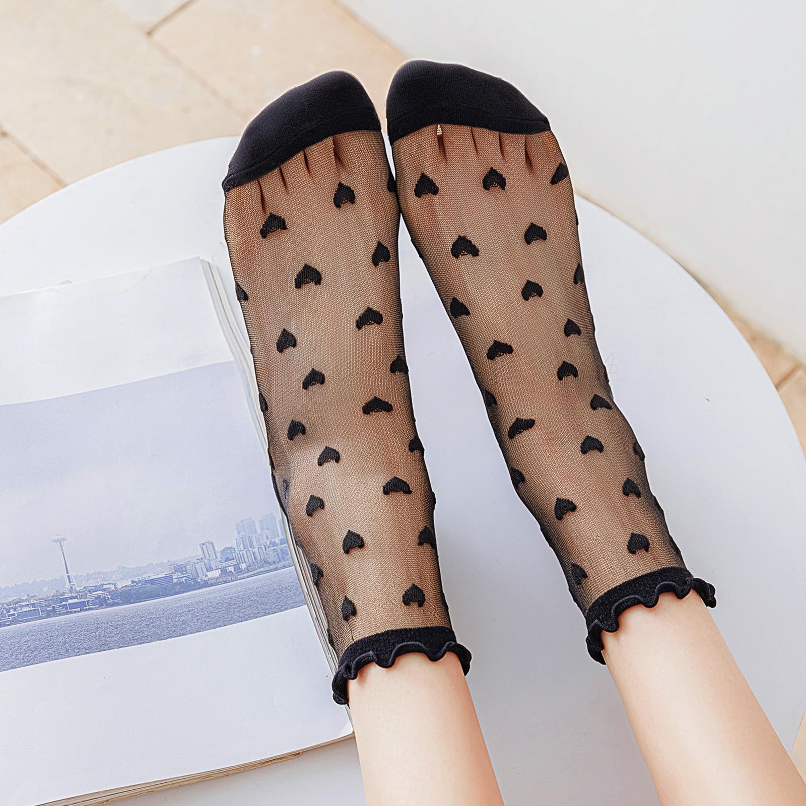 4Pairs Sheer Ankle Socks Women, See Through Ruffle Socks Ultra Thin Lace See Through Sock Cute Heart Striped Transparent Sock for Women Girls