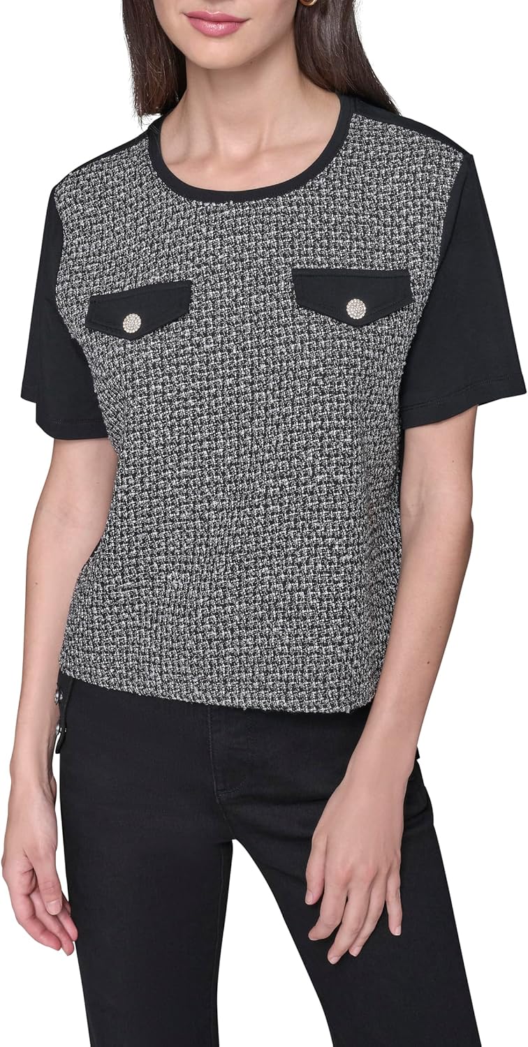 Karl Lagerfeld Womens Short Sleeve Tweed Body Everyday with Two Chest Pockets T-Shirt
