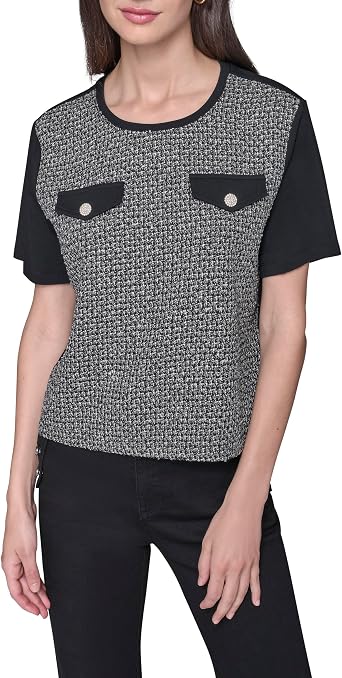Karl Lagerfeld Womens Short Sleeve Tweed Body Everyday with Two Chest Pockets T-Shirt