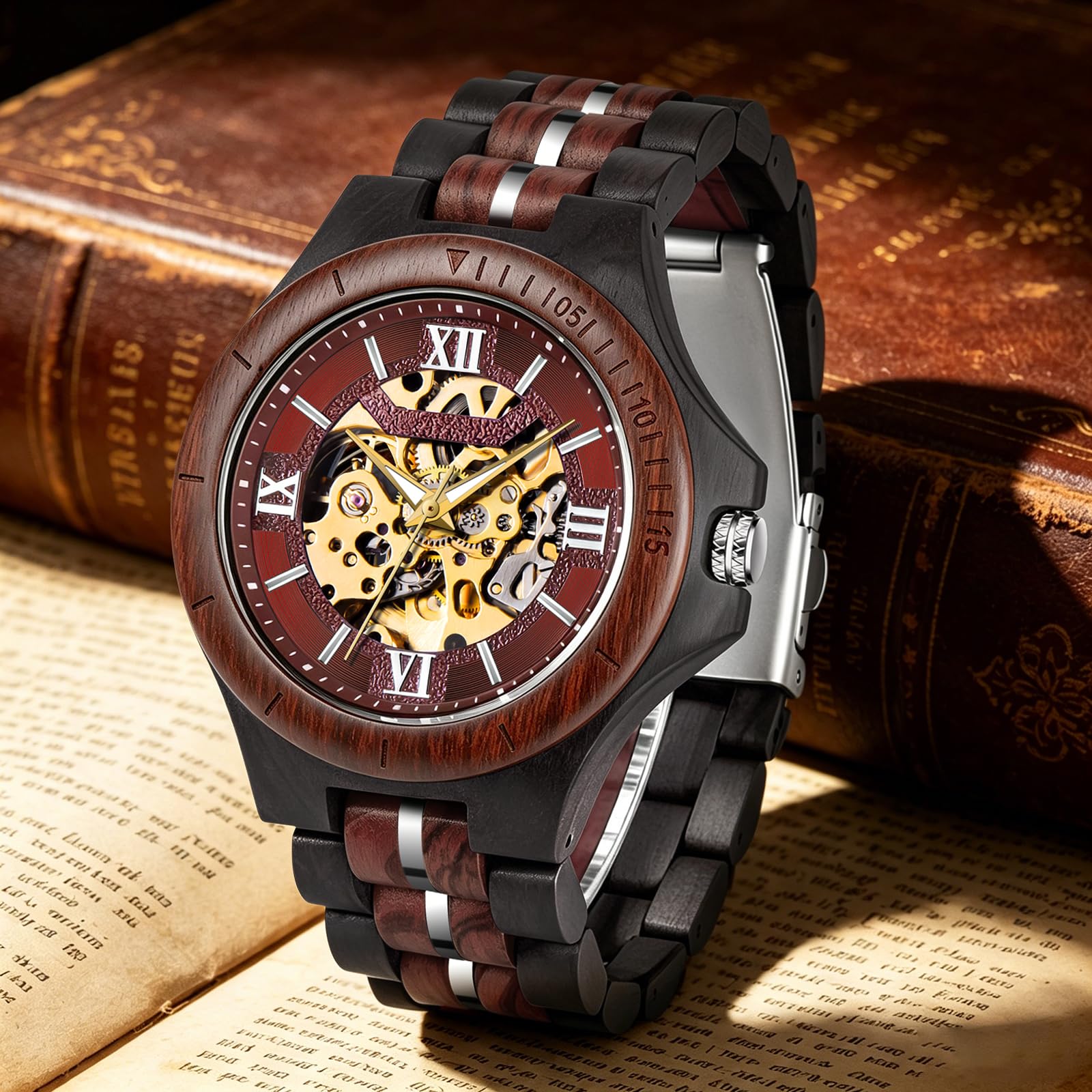 Tiong Orologio meccanico da uomo, in legno, di lusso, automatico, leggero, con cinturino in legno, con confezione regalo (W51108-rosso nero)