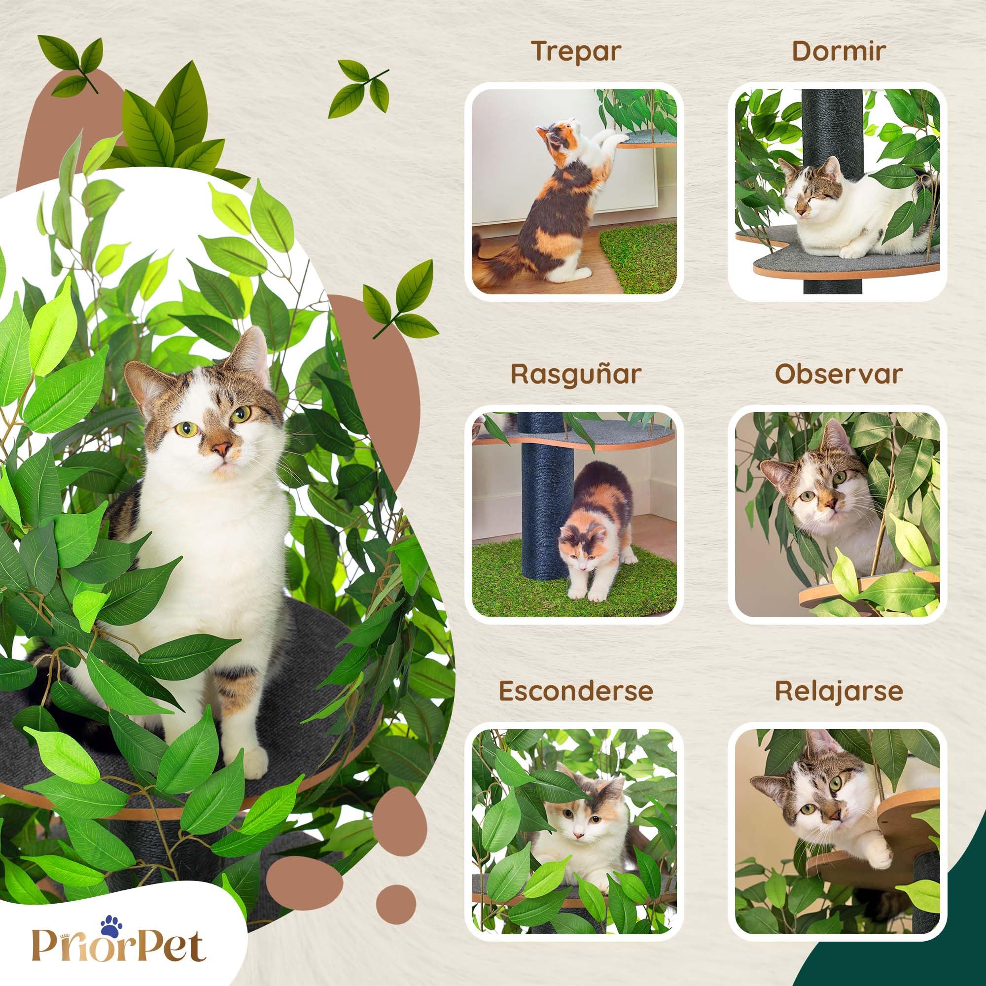 Árbol para Gatos para trepar, esconderse y Dormir - Rascador Patentado para Gatos con Hojas Intercambiables - Múltiples Niveles, fácil Montaje - Materiales Aptos para Mascotas, diseño Duradero