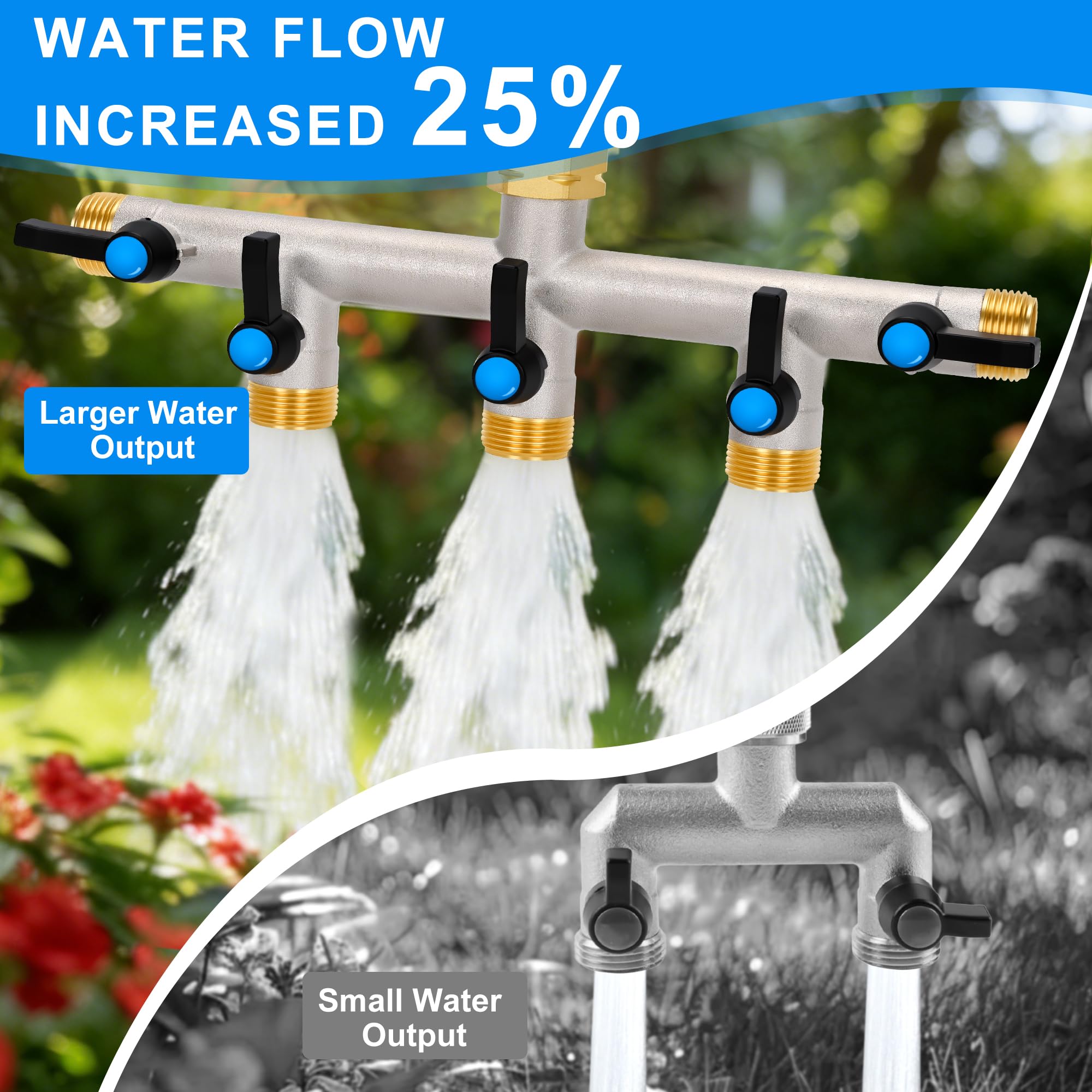 Distributore a 5 vie [Grande flusso], 3/4 pollici, distributore d'acqua in ottone nichelato, manico in metallo allungato, uscita più grande per un'irrigazione più efficiente del giardino