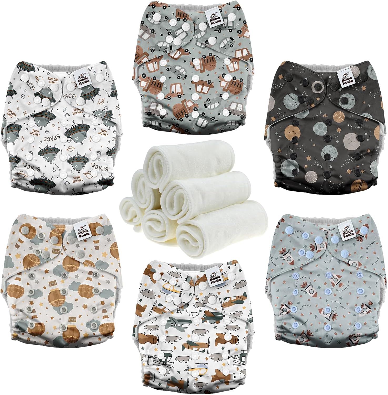 Mama Koala 3.0 Baby Cloth Diapers with 6 Inserts Bundle(Space Ranger), with 2 Pack Waterproof Wet Dry Bags