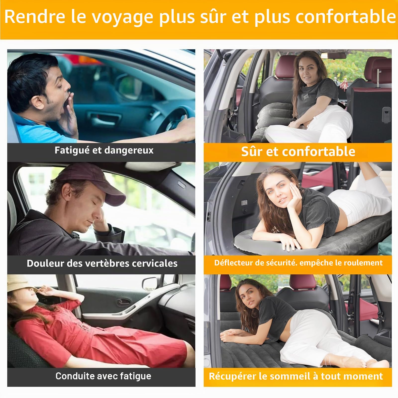KMZ Matelas gonflable pour SUV épais et double face floqué avec 2 oreillers et pompe électrique Coussin mobile dédié pour coffre de SUV et siège arrière (gris foncé)