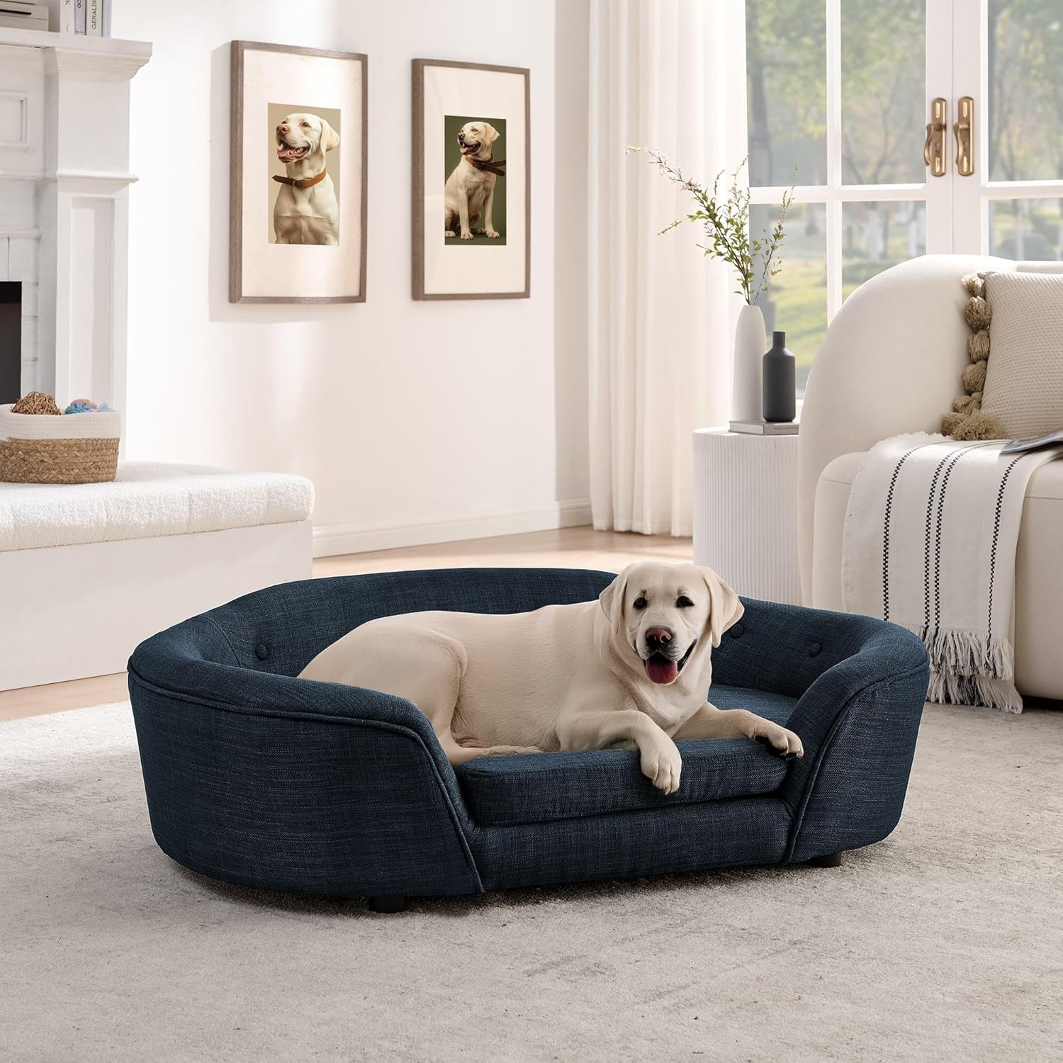 Oversized Oval Semi-Enclosed Dog Sofa with Short Legs, Linen Pet Couch with Button-Tufted Backrest, High-Center Low-Sides Support, Plush Comfort Dog Bed for Indoor Use, Dark Blue