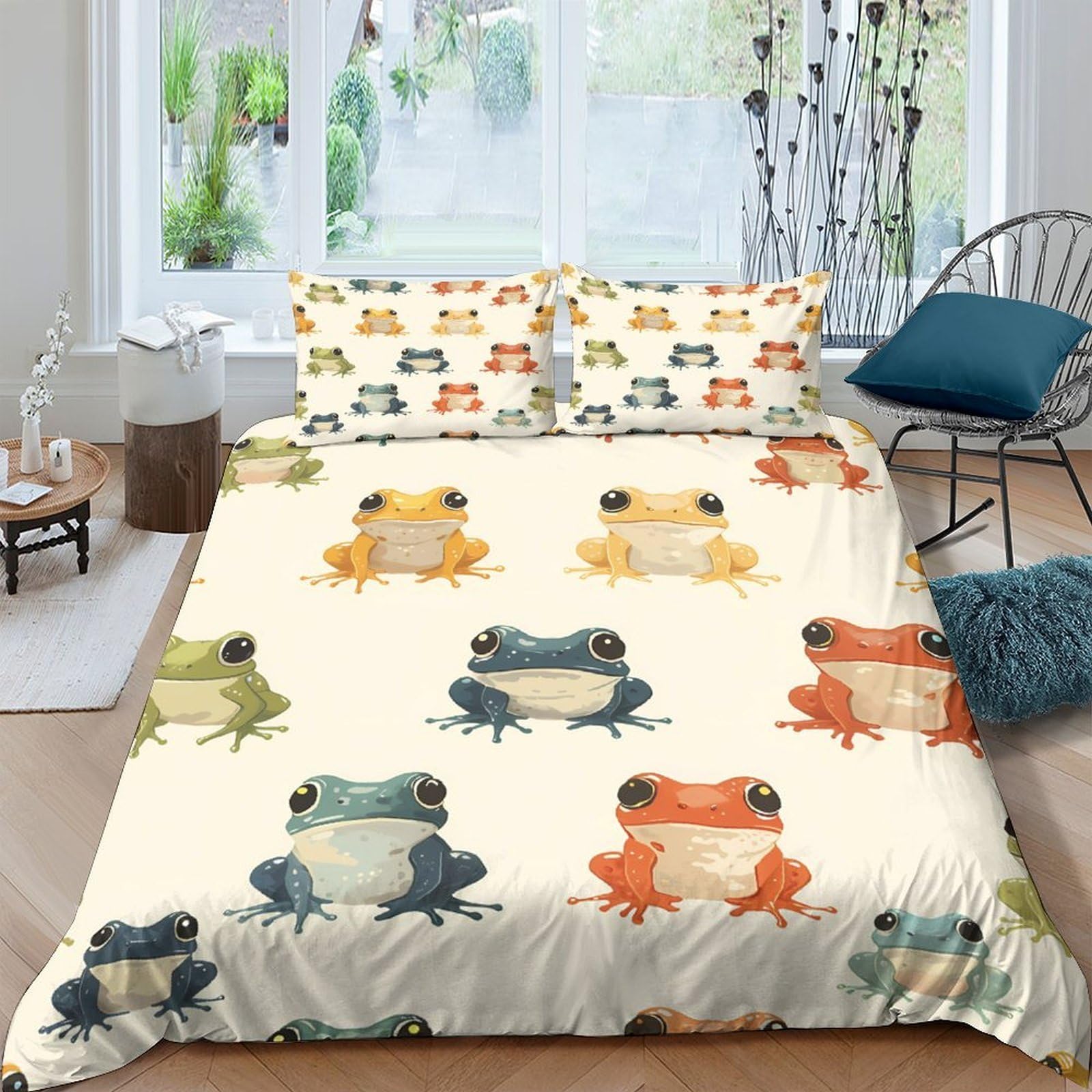 GPLZQXKJNH 3D Printed Colourful Frog Duvet Cover Set Microfiber Soft Breathable Cartoon Animal Bedding Set with 2 Pillowcases for Bedroom Single（135x200cm）