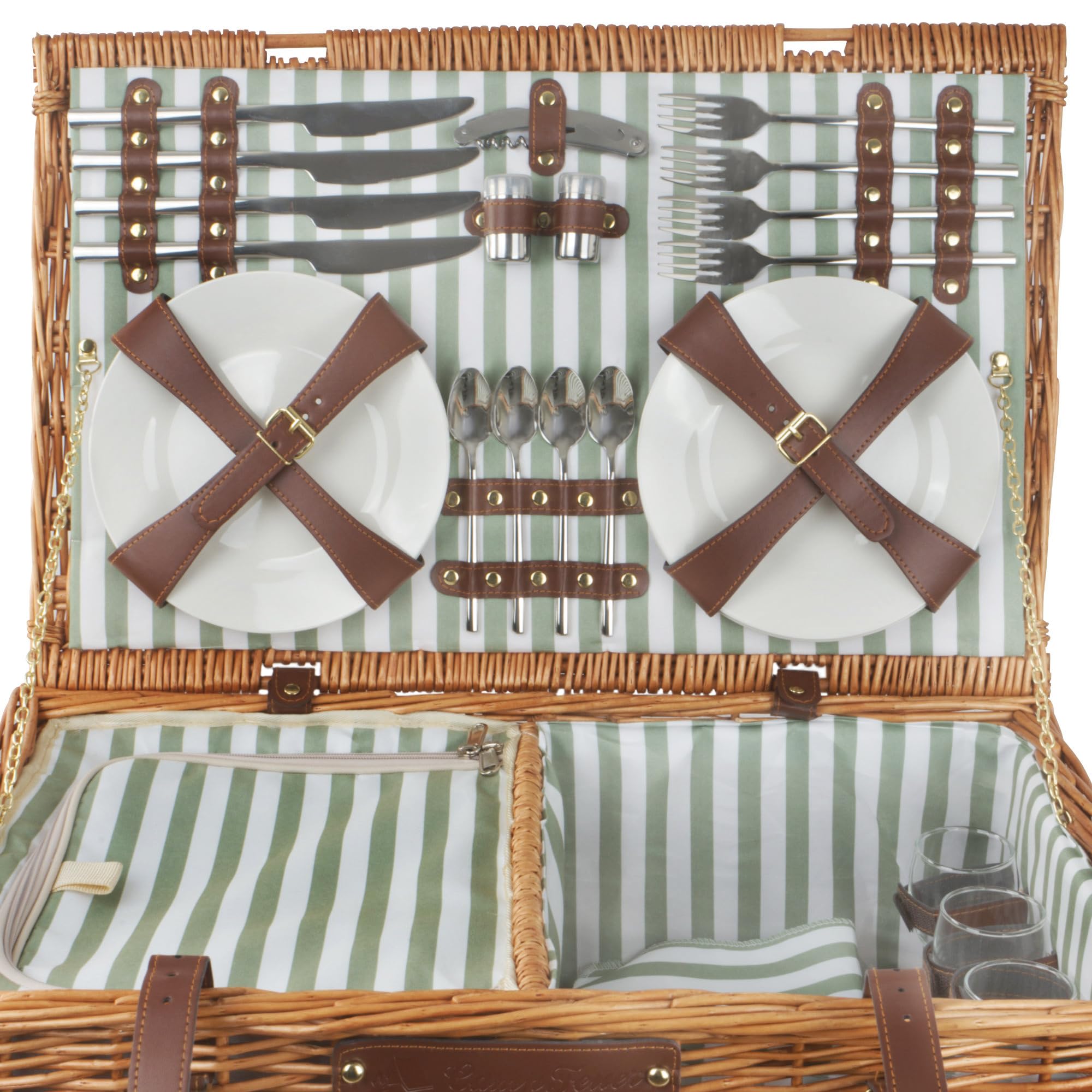 CampFeuer Picknickkorb 4 Personen mit Geschirr-Set und Kühlfach | 29-teilig | Picknickkoffer mit gestreiftem Innenmuster | Weidenkorb mit Kunstlederriemen | Picknicktasche, Picknick Set