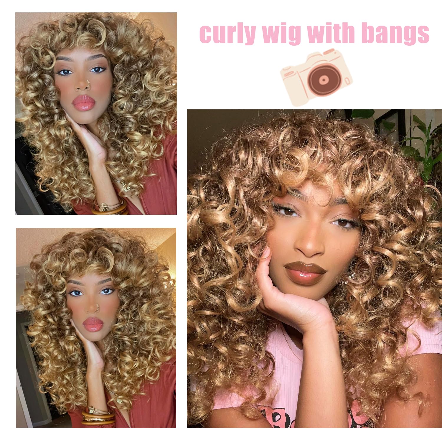GKtineke-Curly-Wig Big-Curly-Wigs-for-White-Black-Women 20 Inch- Long-Curly-Wig-with-Bangs Synthetic-Hair-Replacement-Wigs-for- Cosplay and Daily (): Ombre Blonde