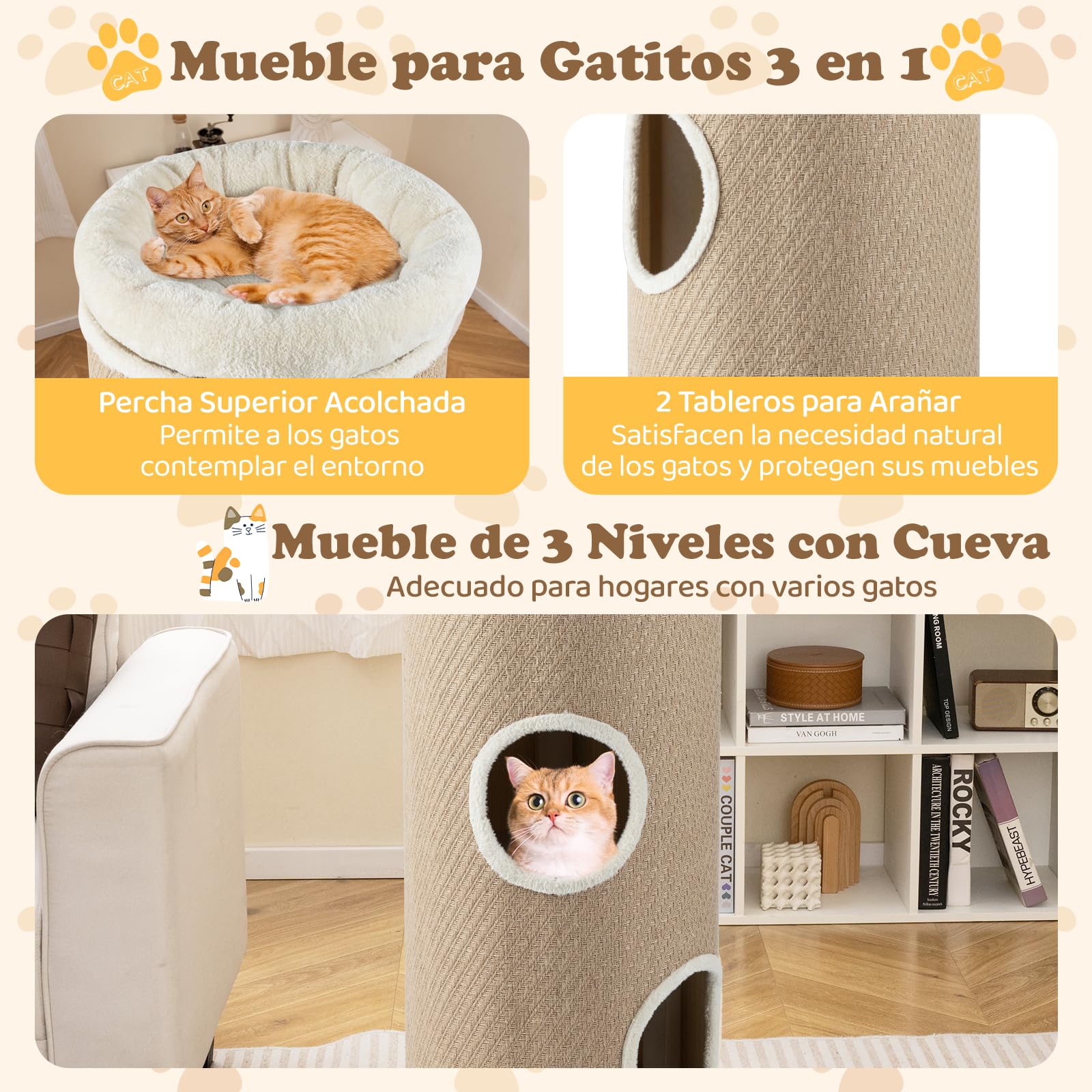 COSTWAY Barril Rascador de 4 Niveles, Poste rascador para Gatos para Múltiples Gatos con Cama de Percha Removible, Tablero Rascador de Sisal, Estera de Bambú para Gato de Interior (De Yute)